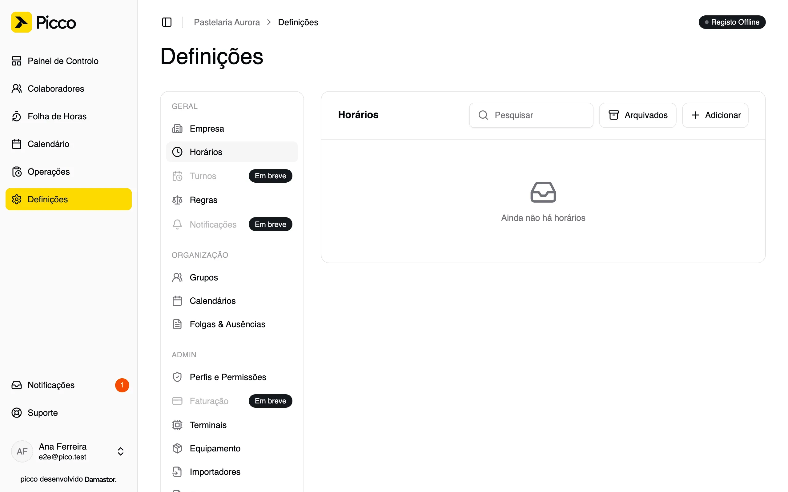 Lista de horários em Definições, com o botão Adicionar