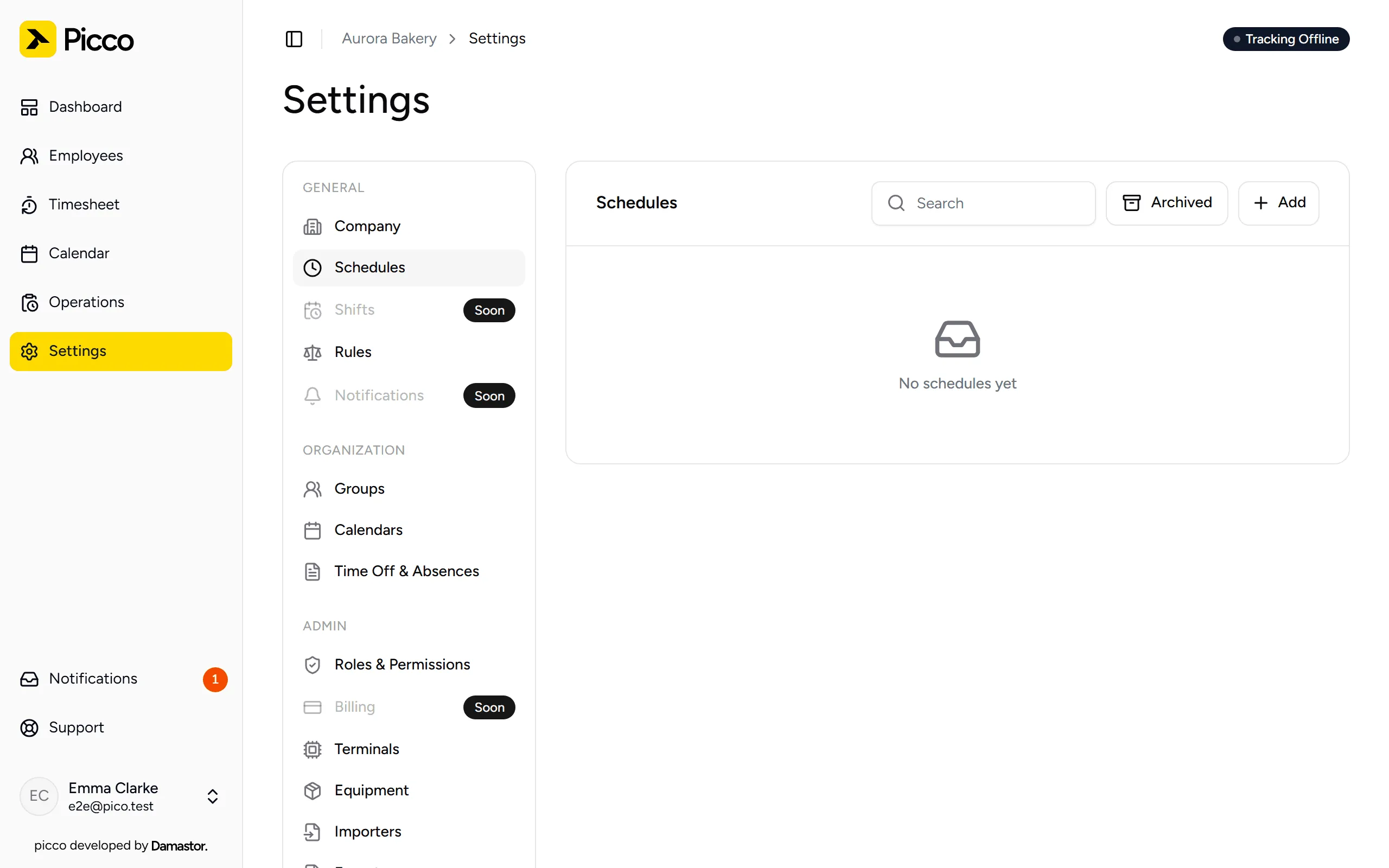 List of schedules in Settings, with the Add button