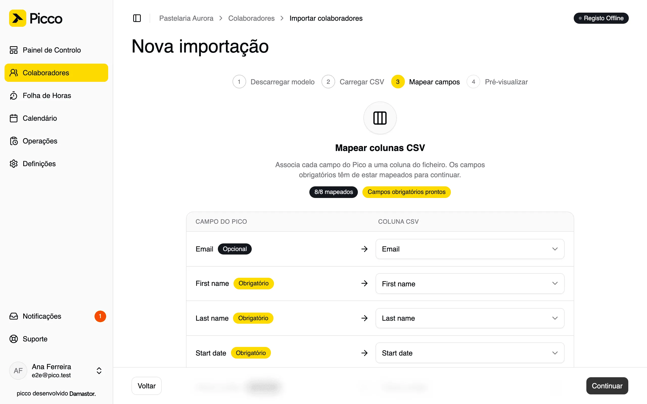 Ecrã de importação de colaboradores: associação das colunas do ficheiro aos campos da Picco