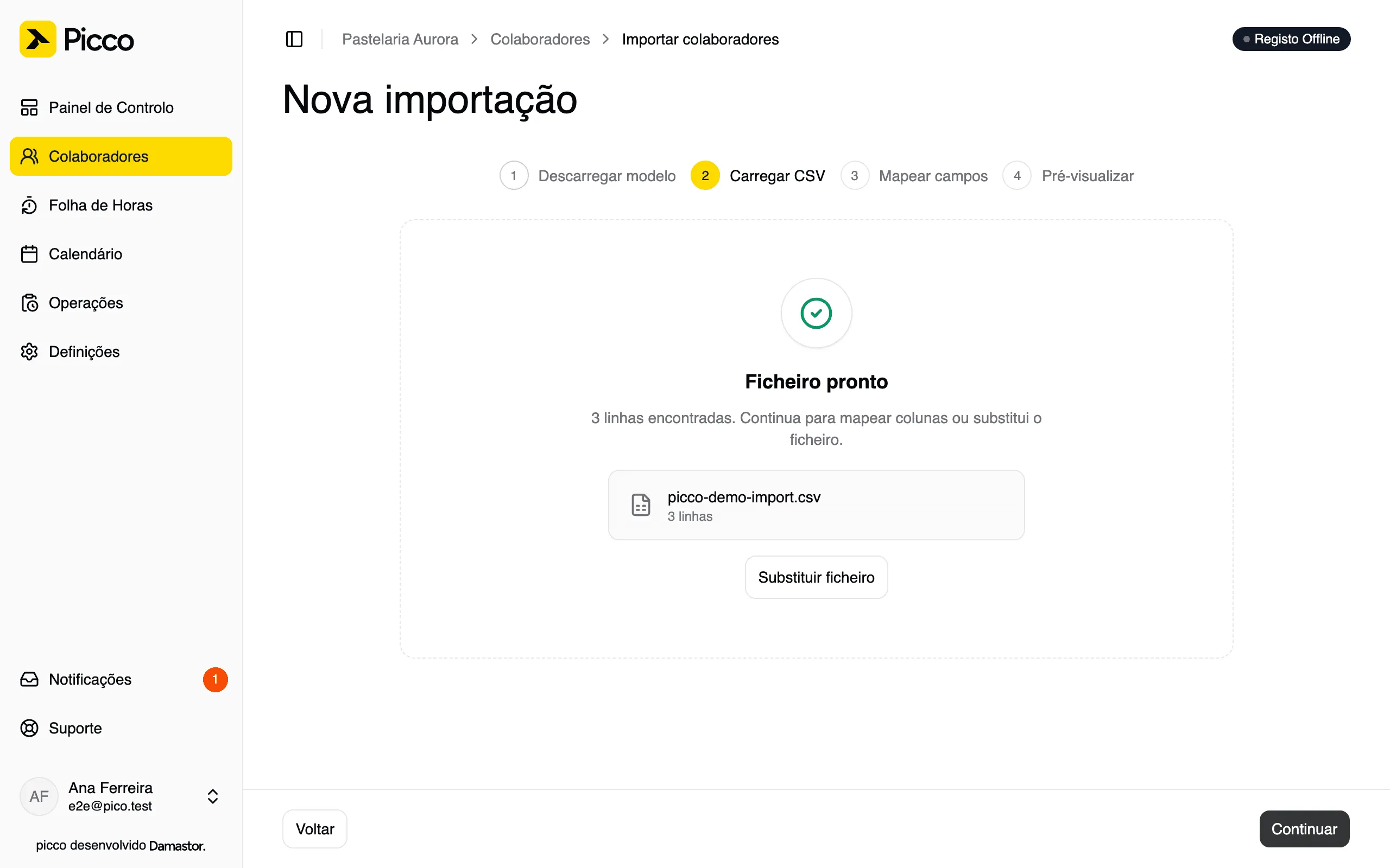 Passo 2: ficheiro carregado e pronto
