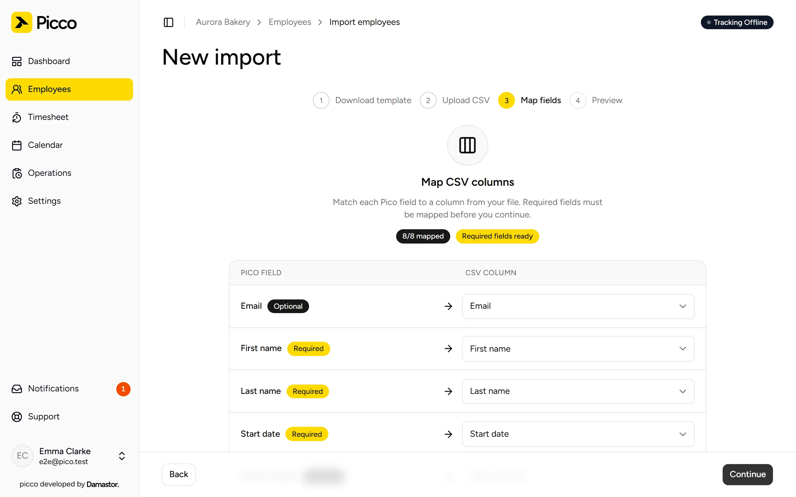 Step 3: fields mapped to the CSV columns