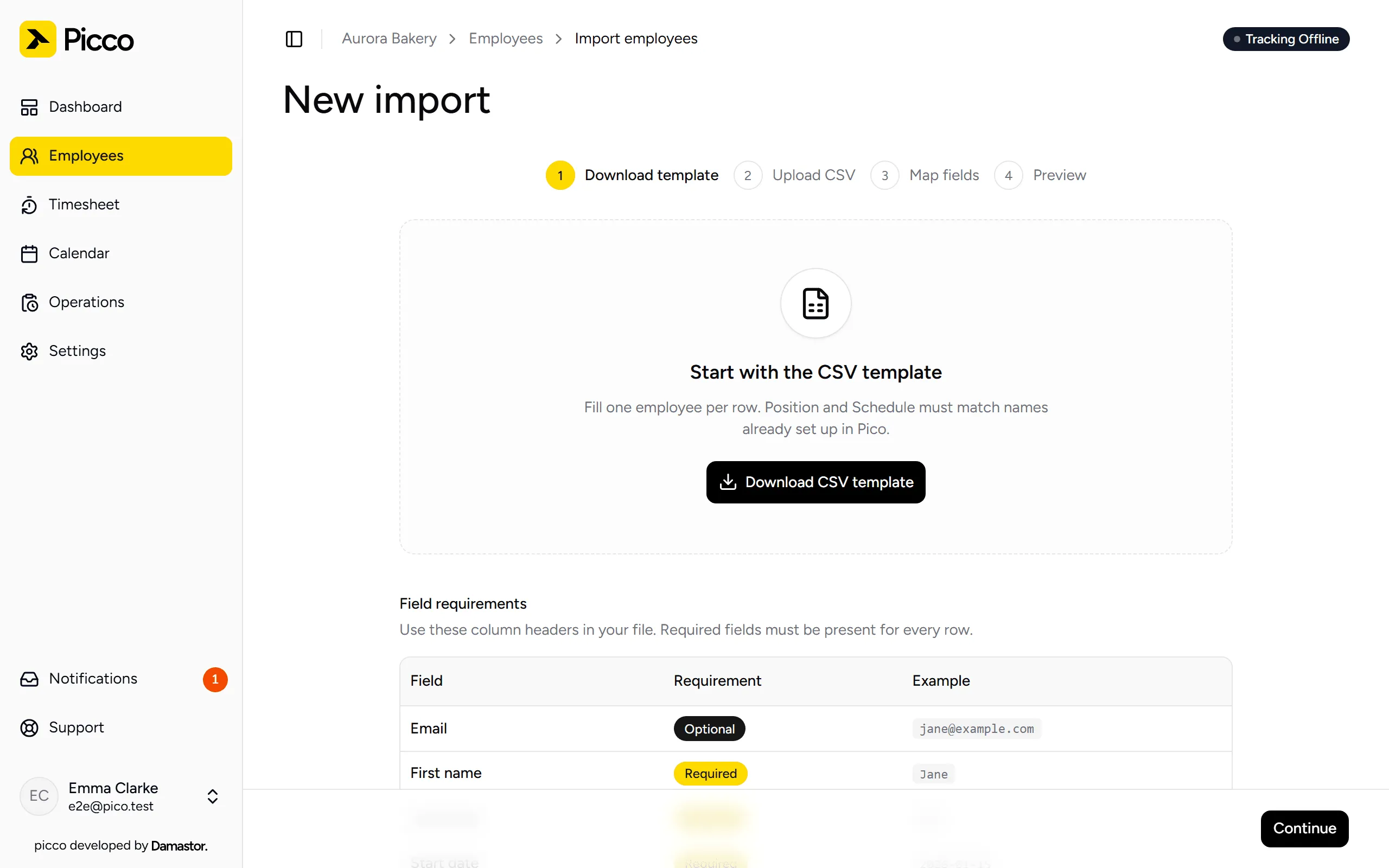 Import step 1: download the CSV template