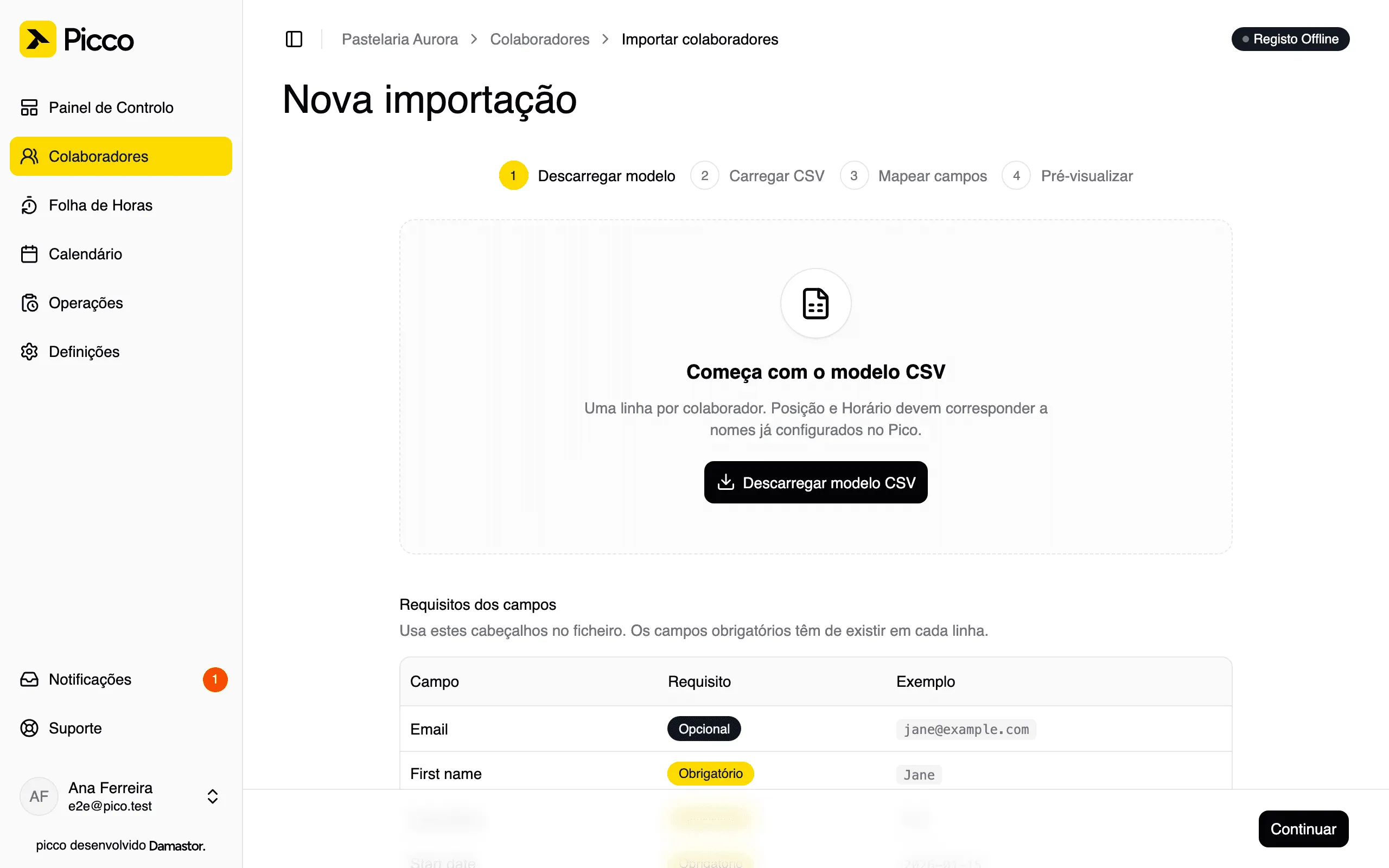 Passo 1 da importação: descarregar o modelo CSV