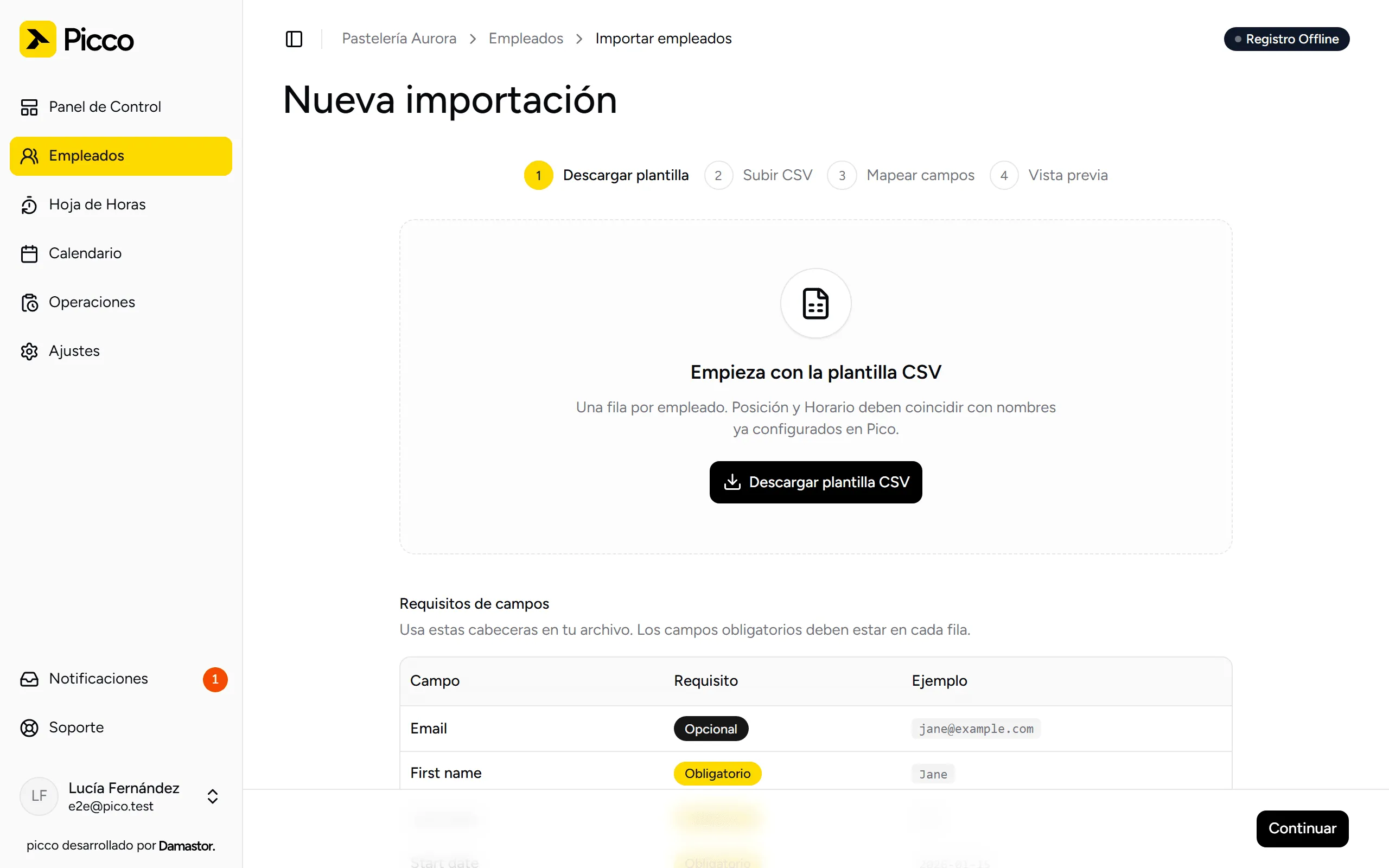 Paso 1 de la importación: descargar la plantilla CSV