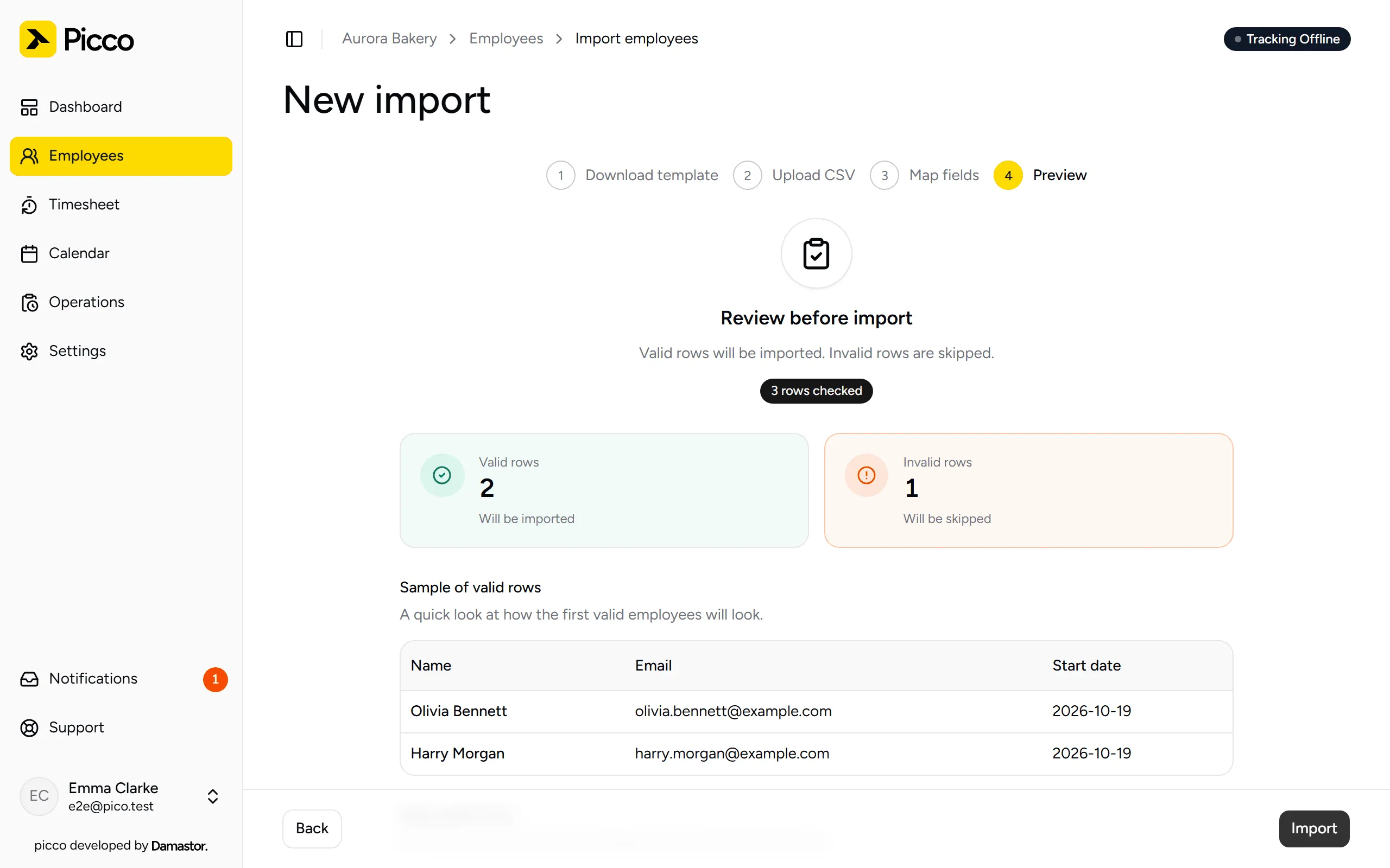 Step 4: valid and invalid rows before importing