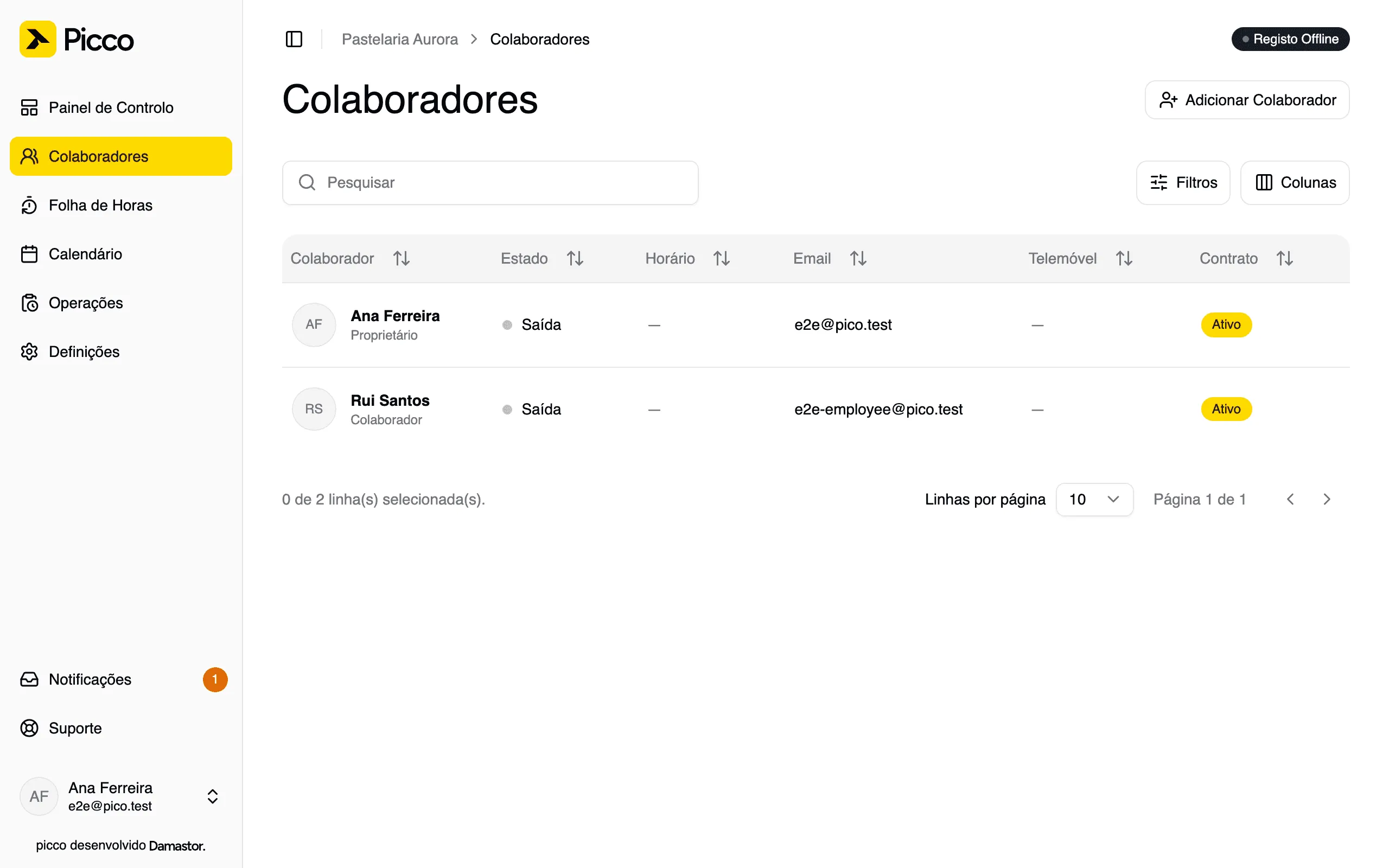 Lista de colaboradores com o botão Adicionar Colaborador