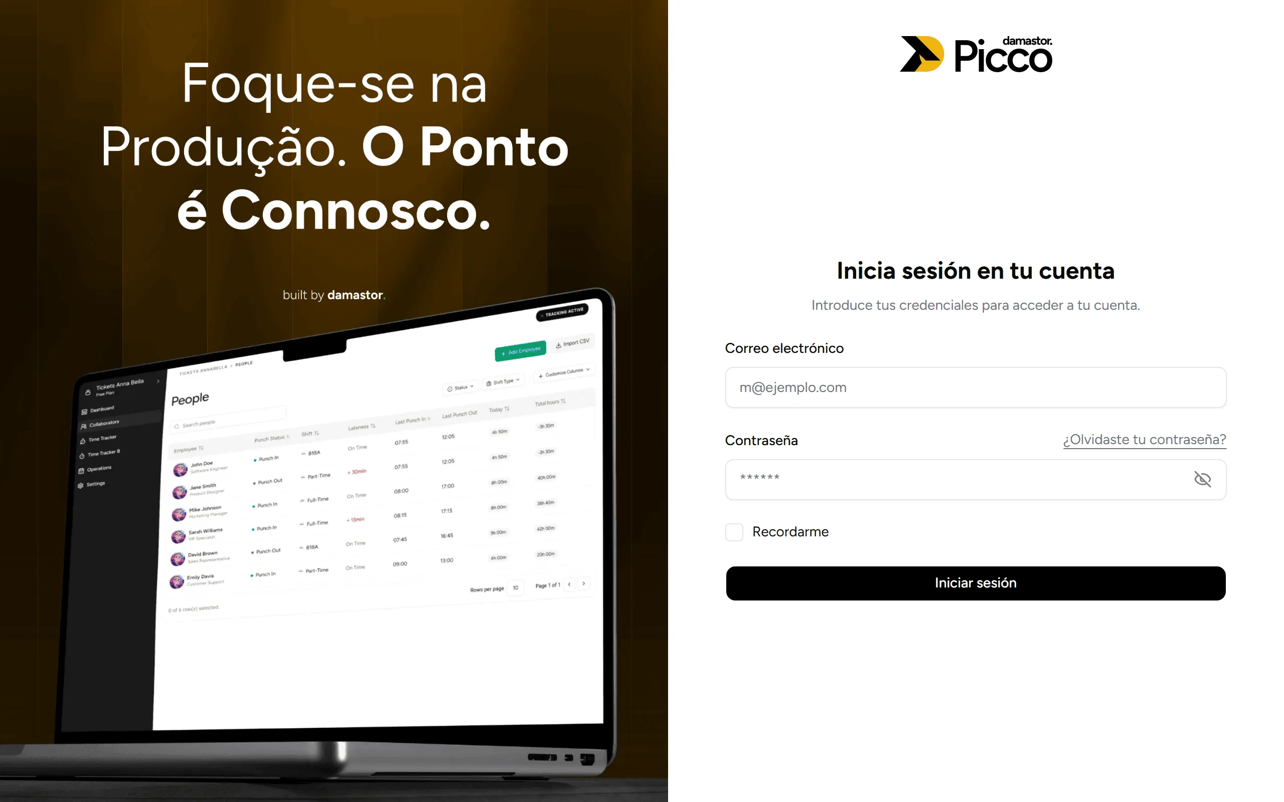 Pantalla de inicio de sesión con correo electrónico, contraseña, Recordarme y Entrar