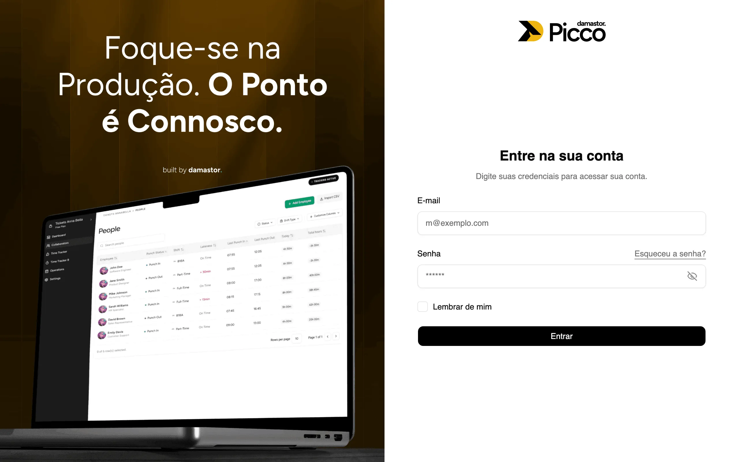 Ecrã de início de sessão com E-mail, Senha, Lembrar de mim e Entrar