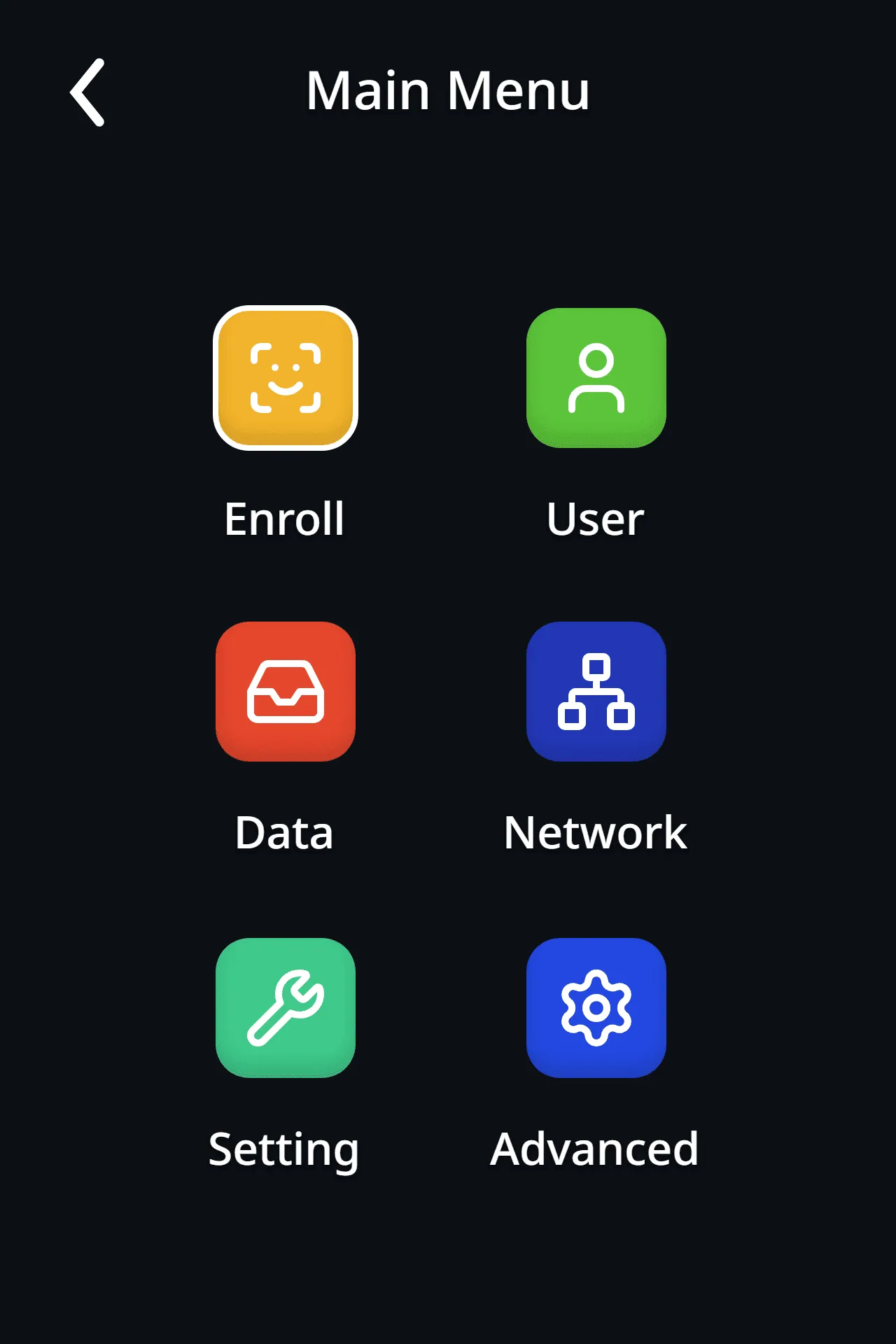 Main menu with six options