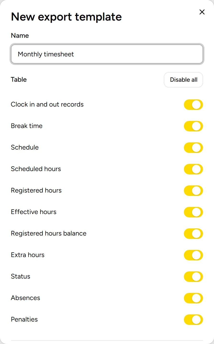 New export template: name, fields and rounding
