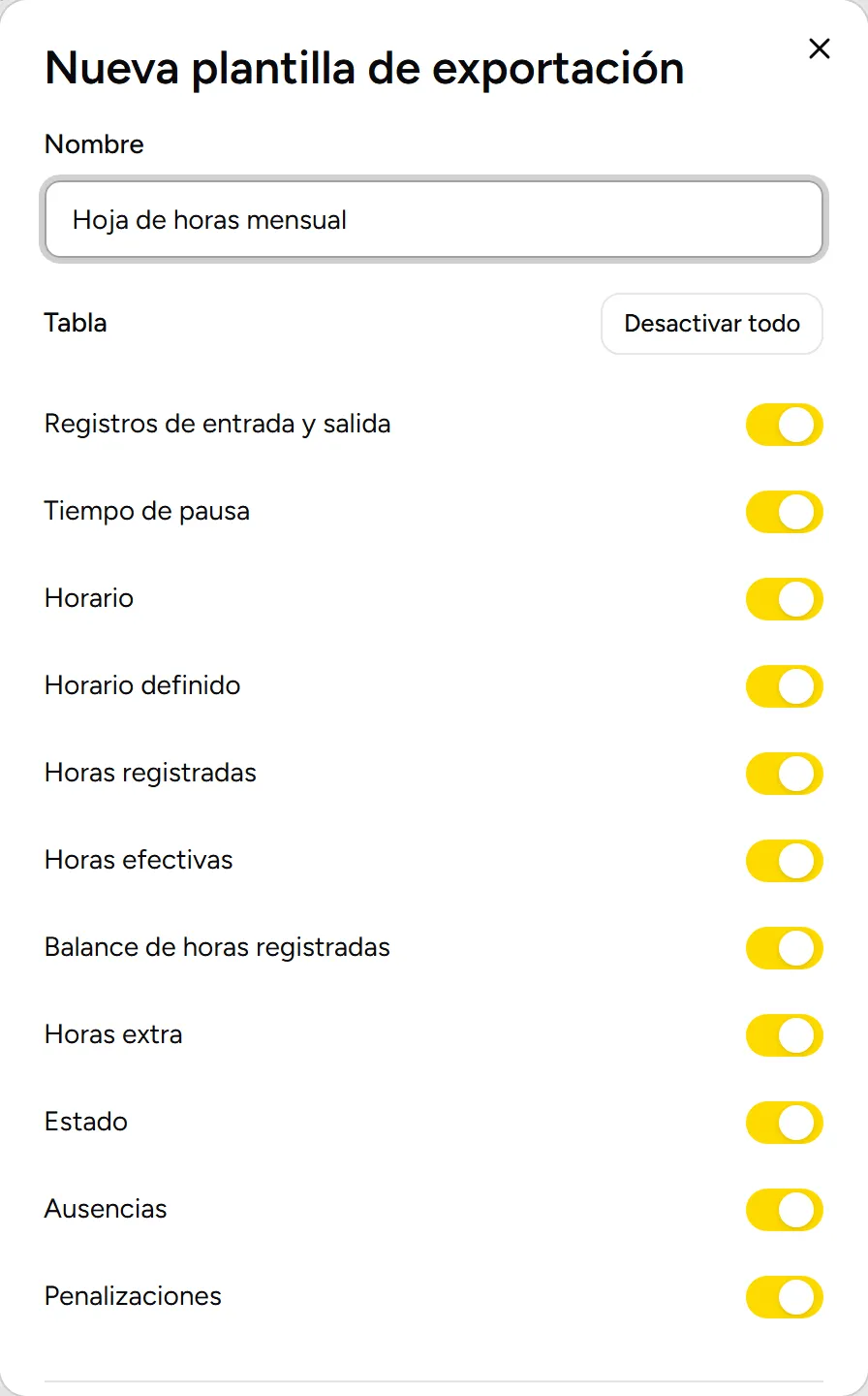 Nueva plantilla de exportación: nombre, campos y redondeo