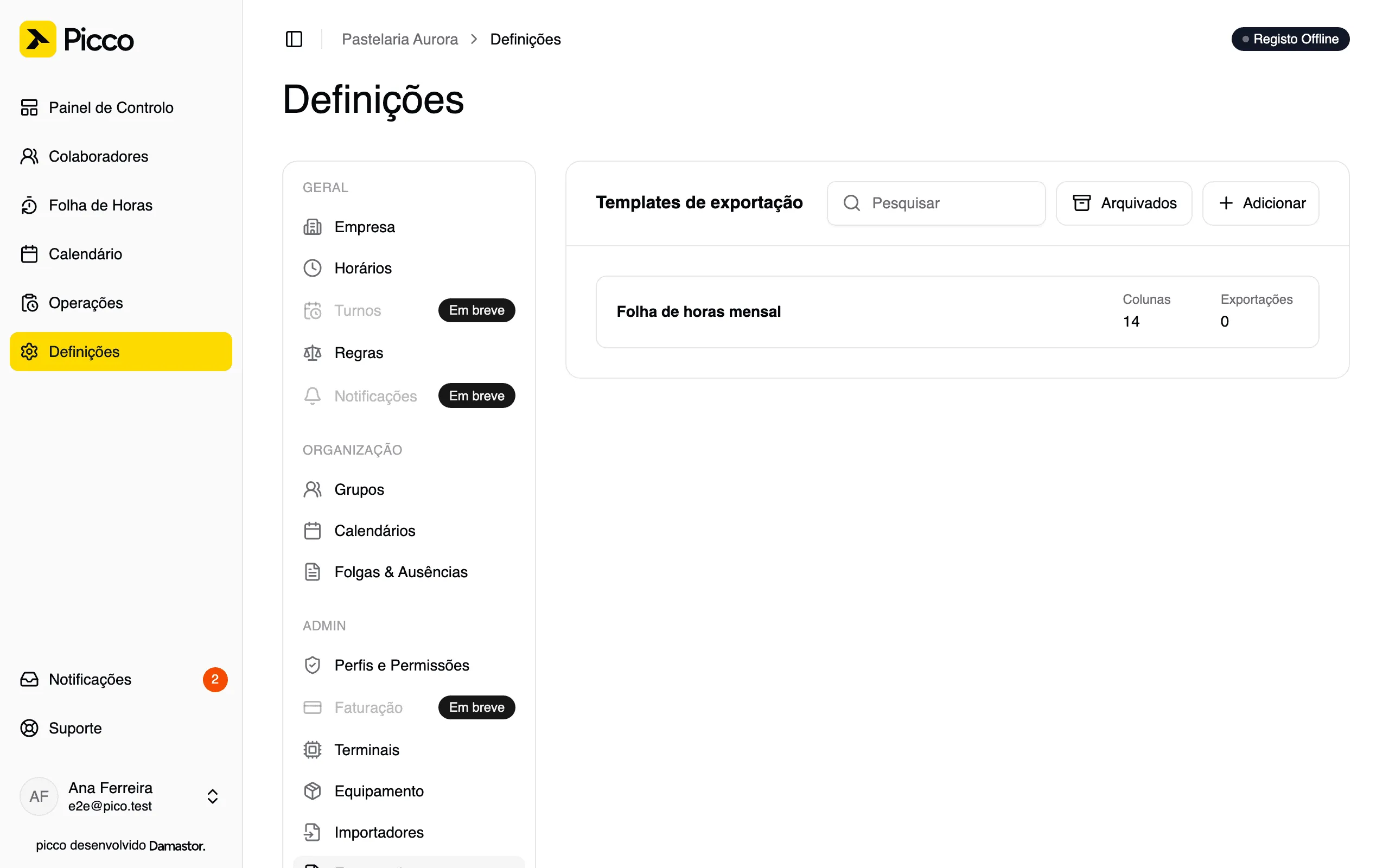 Lista de modelos de exportação