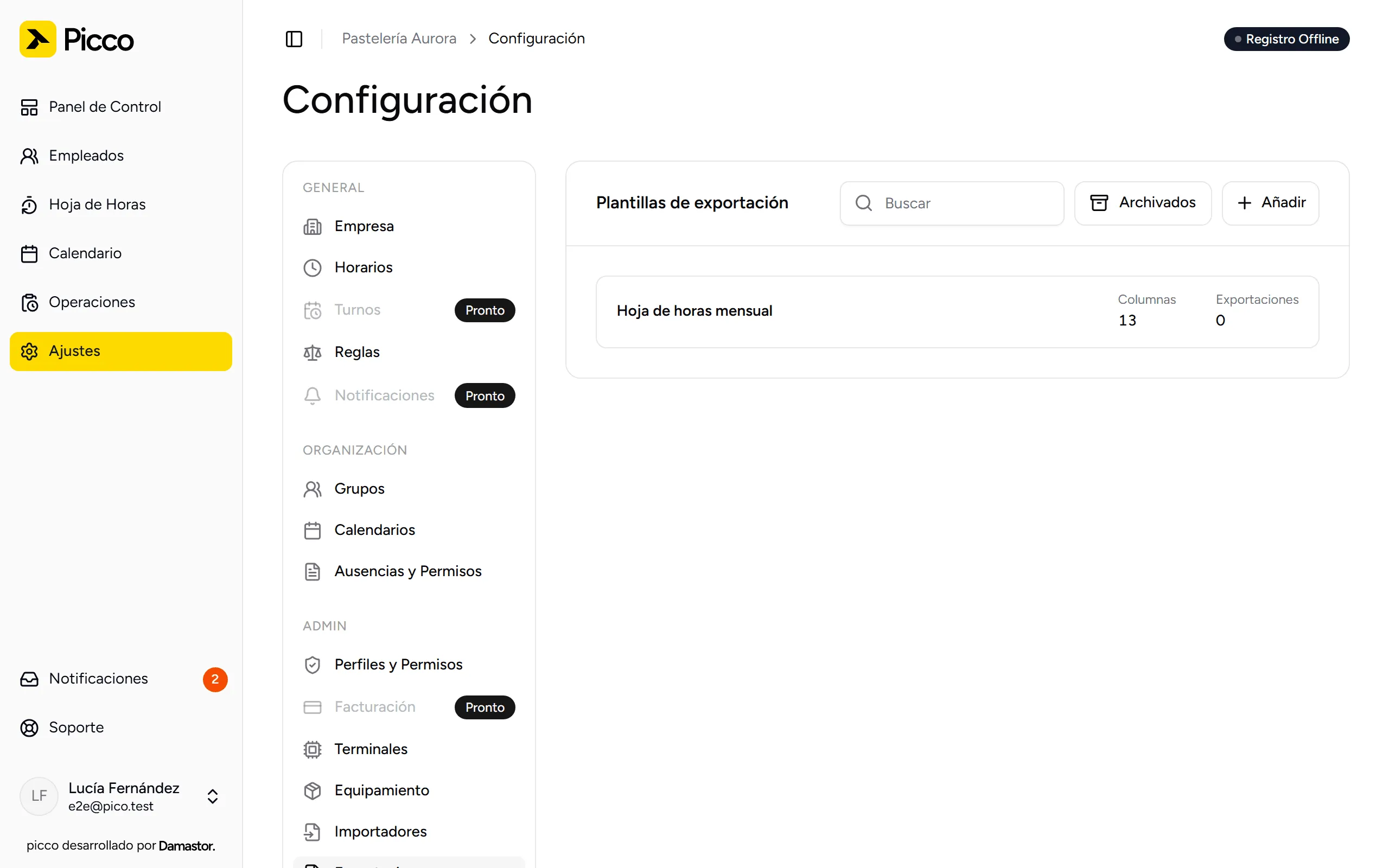 Lista de plantillas de exportación