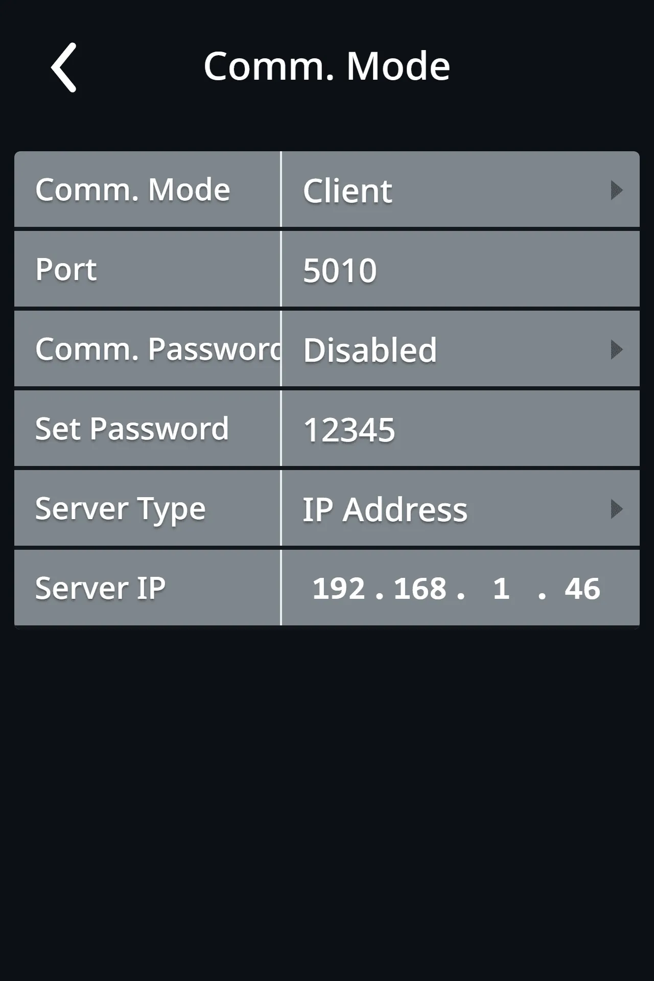 Comm. mode with Client, Port, Server type and Server IP (example values)