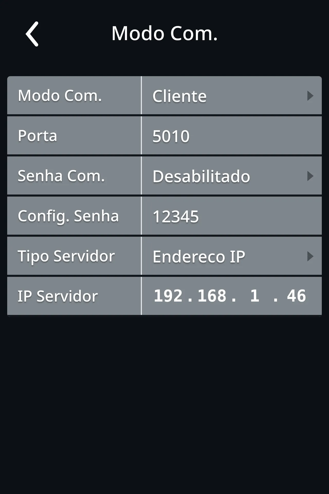 Modo Com. com Cliente, Porta, Tipo Servidor e IP Servidor (valores de exemplo)