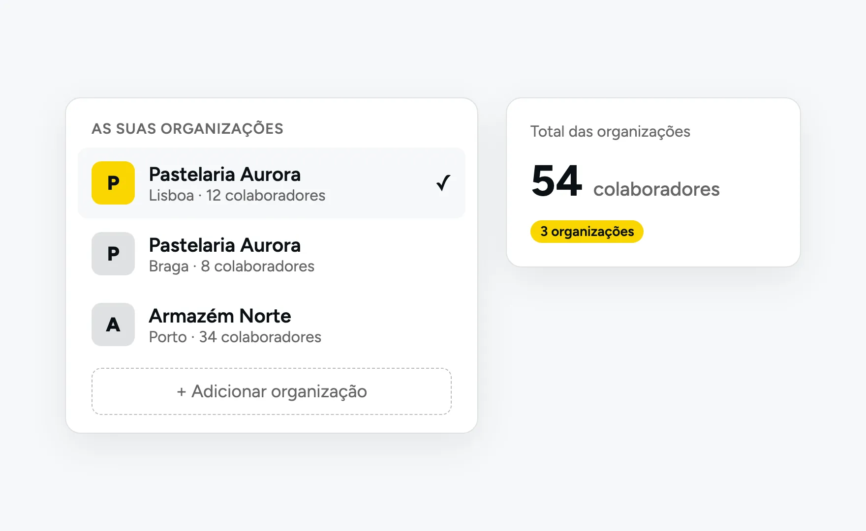 Ilustração: lista de organizações com a opção de alternar entre elas