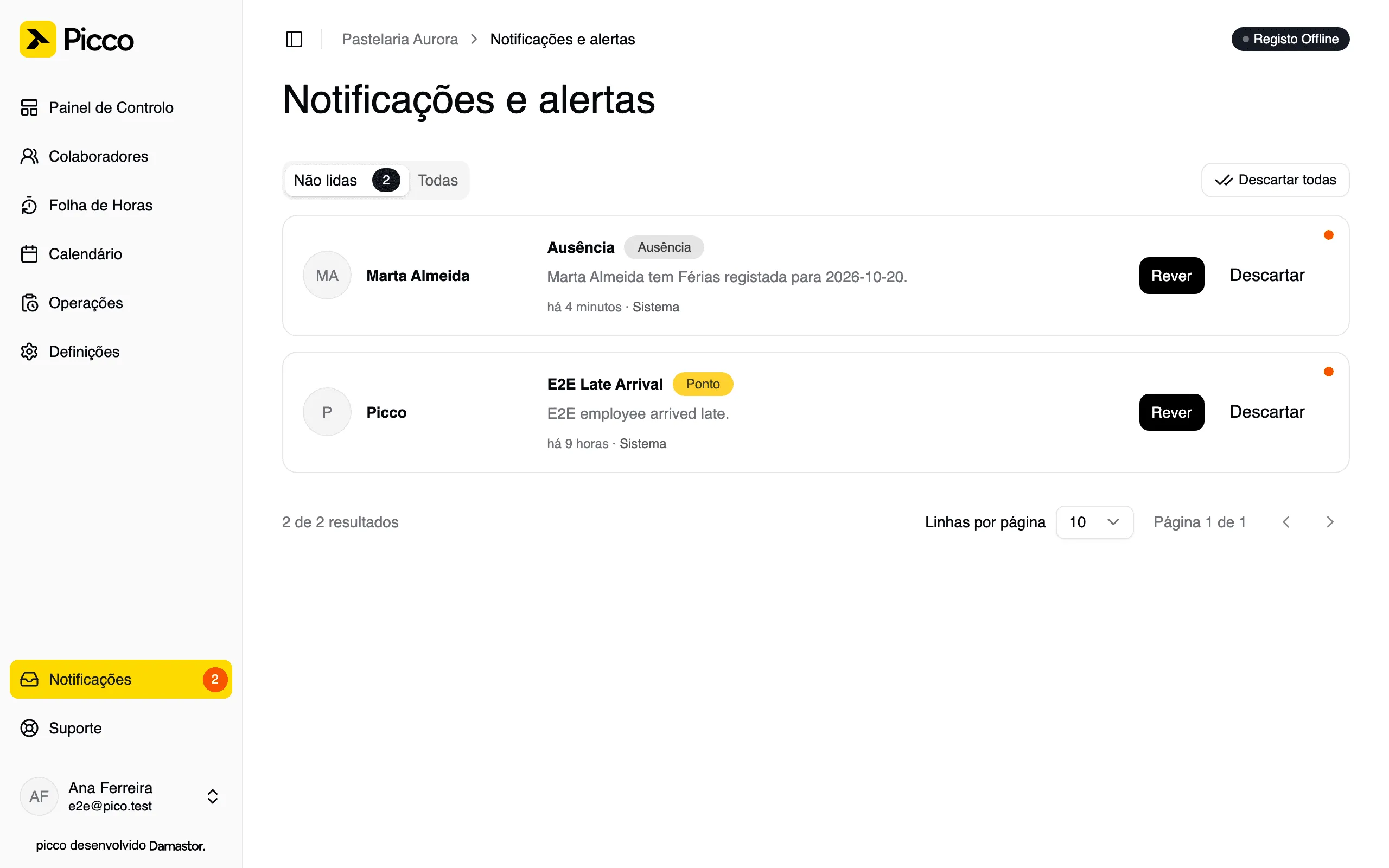 Página Notificações, com alertas por rever