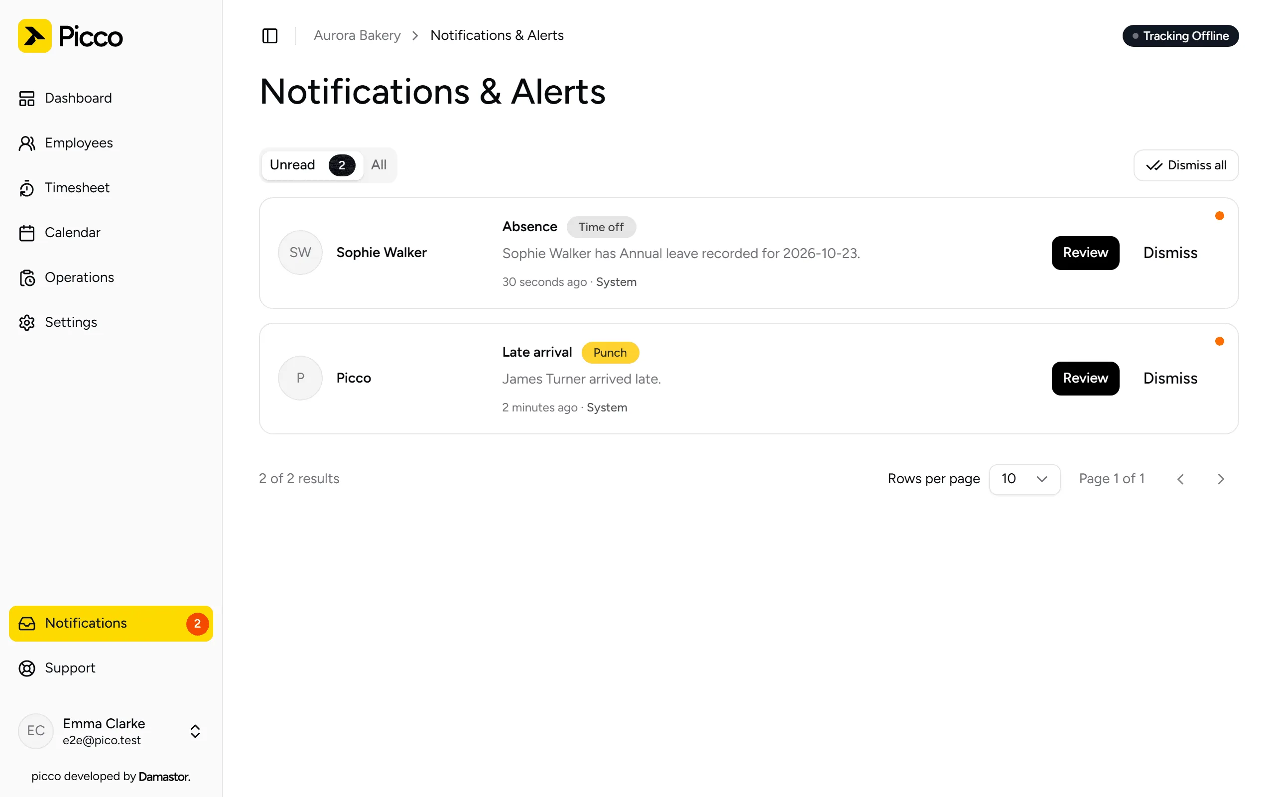 Notifications page, with alerts to review