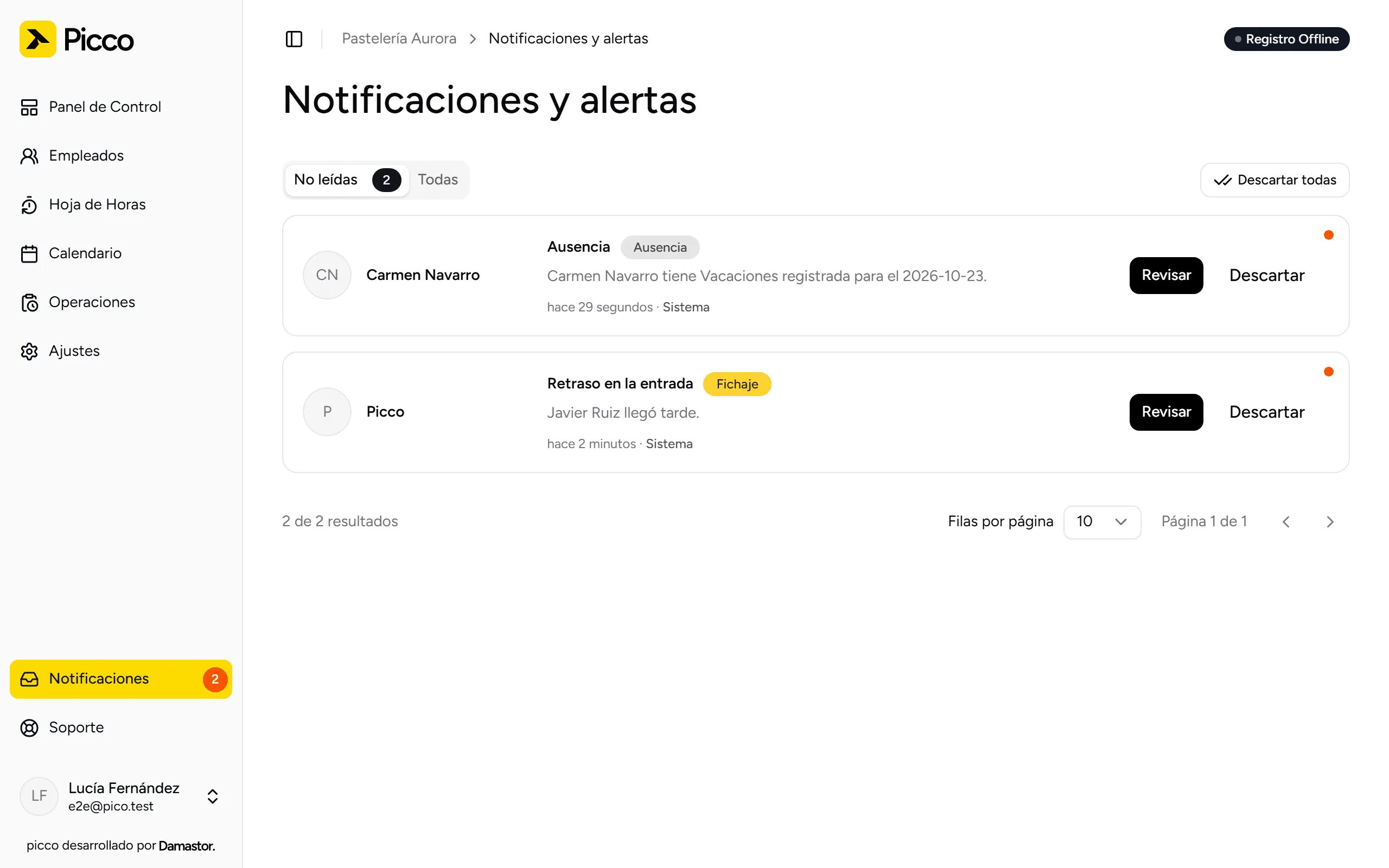Página Notificaciones, con alertas por revisar