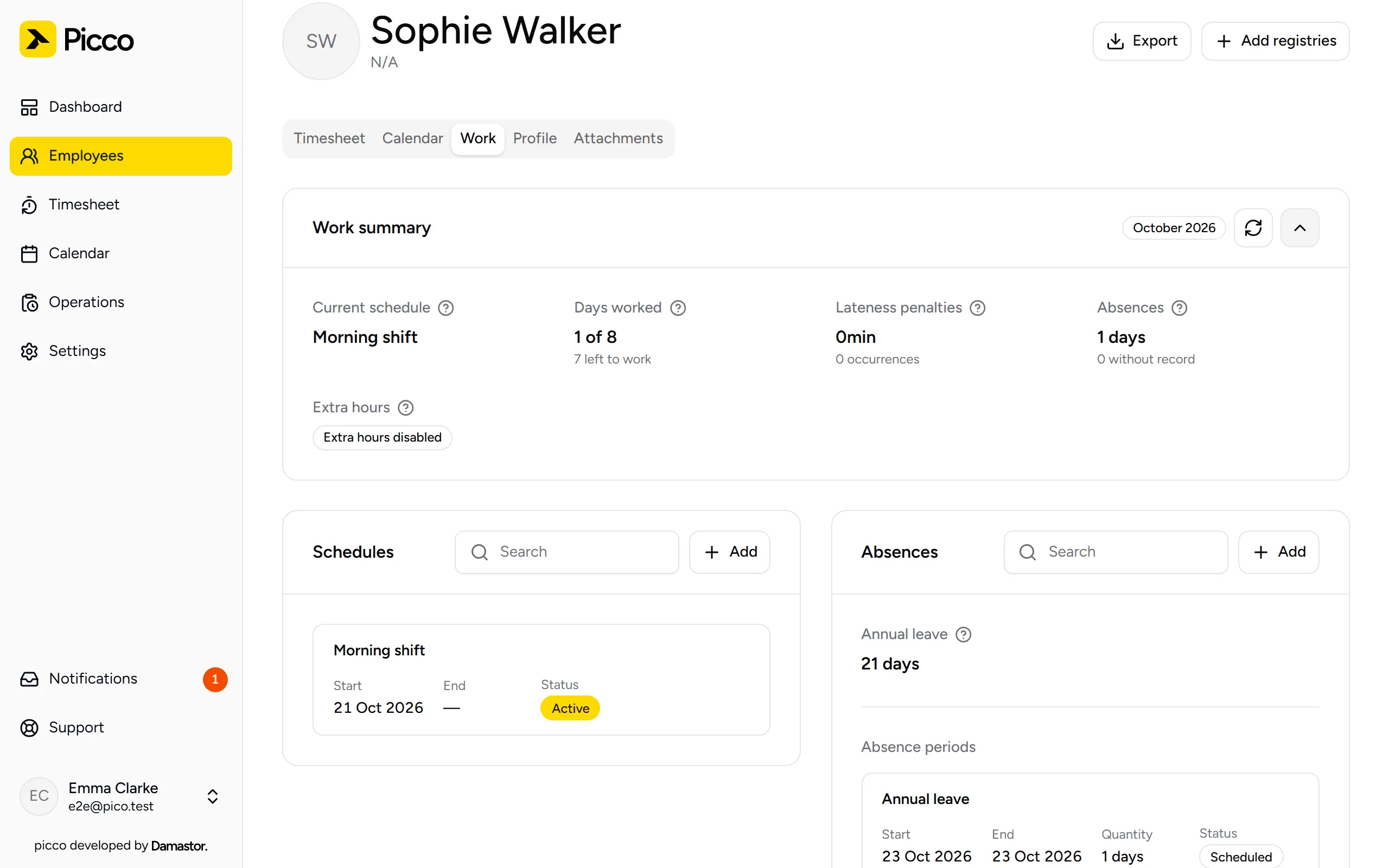 Work tab with the Absences card: Annual leave, 21 days remaining