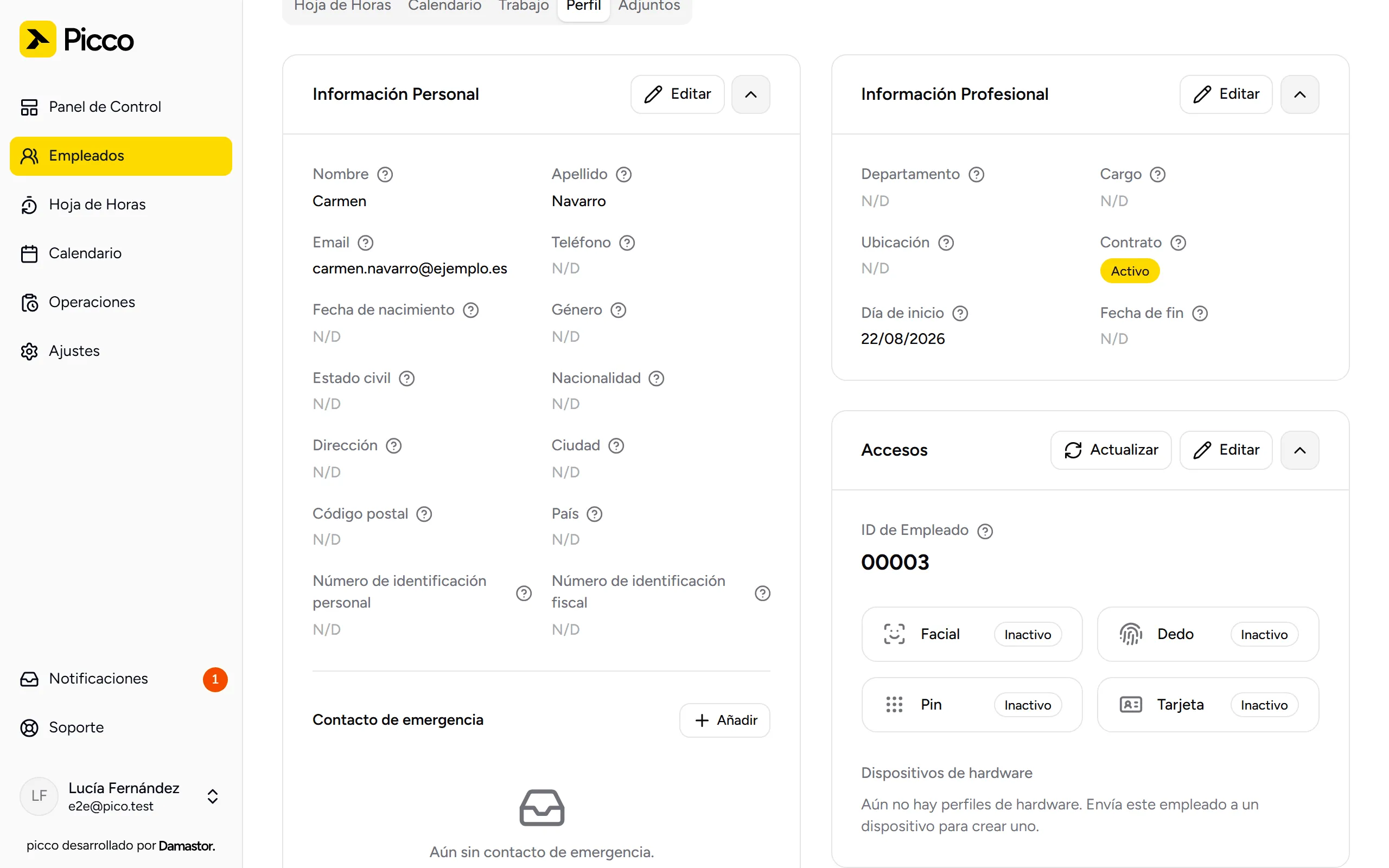 Perfil del empleado con las tarjetas de información personal y profesional