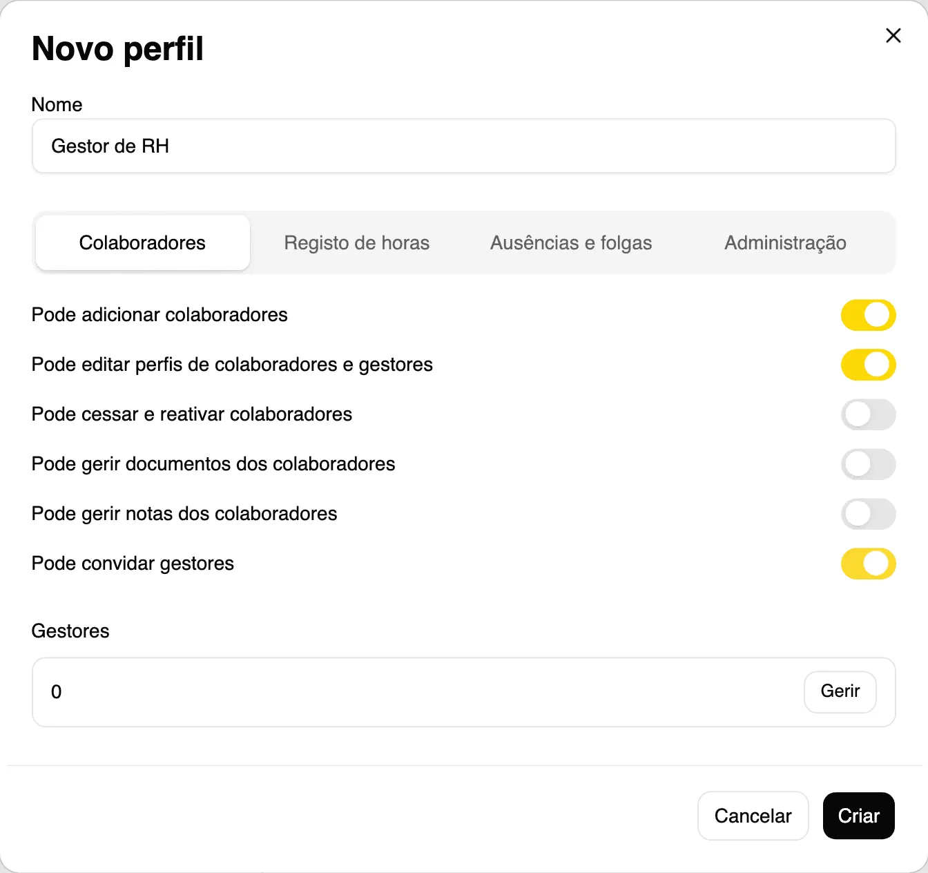 Diálogo Novo perfil com permissões