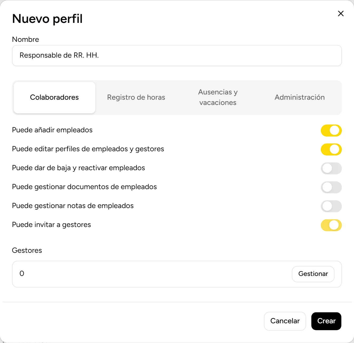 Cuadro Nuevo perfil con permisos