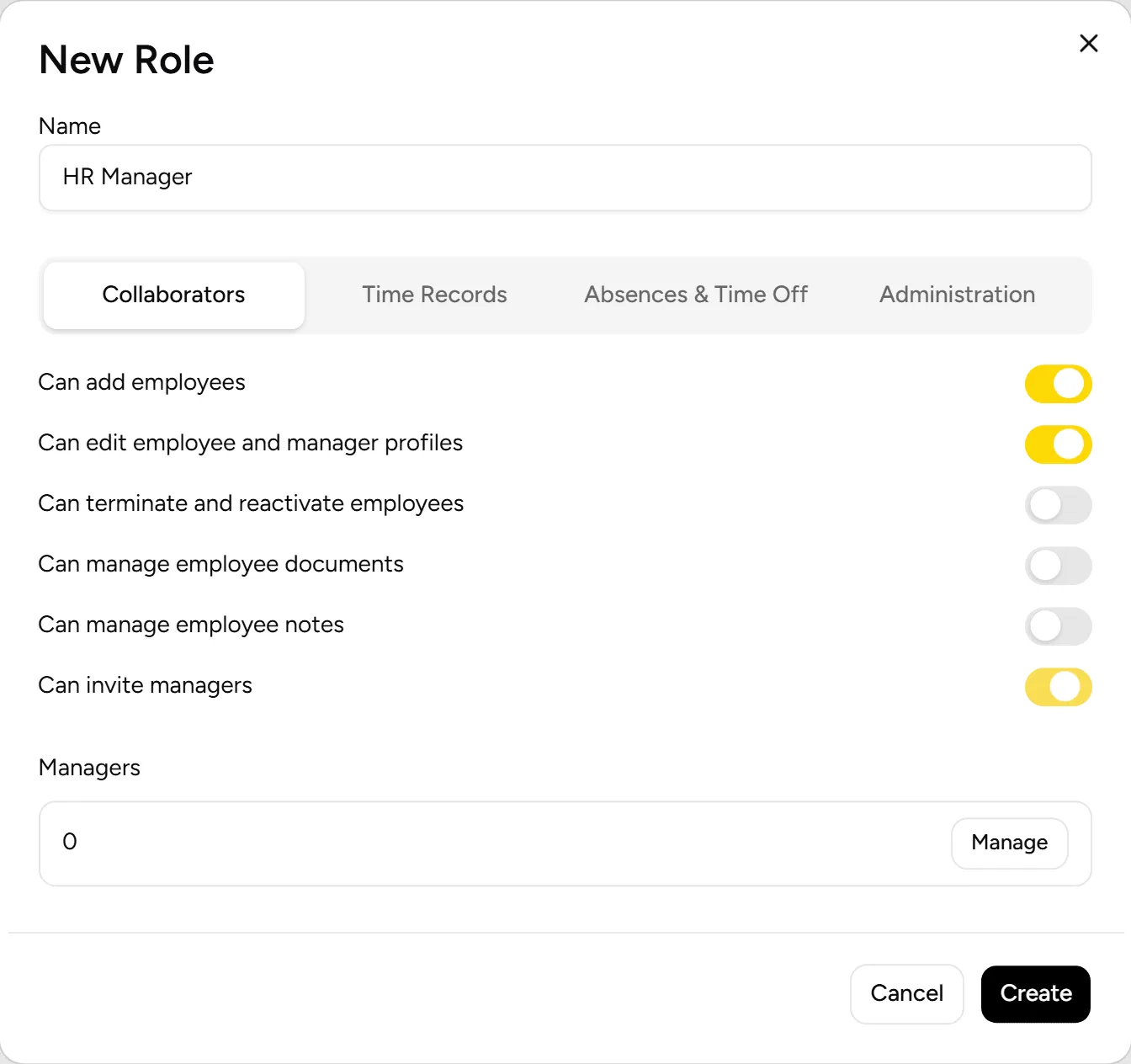New profile dialog with permissions