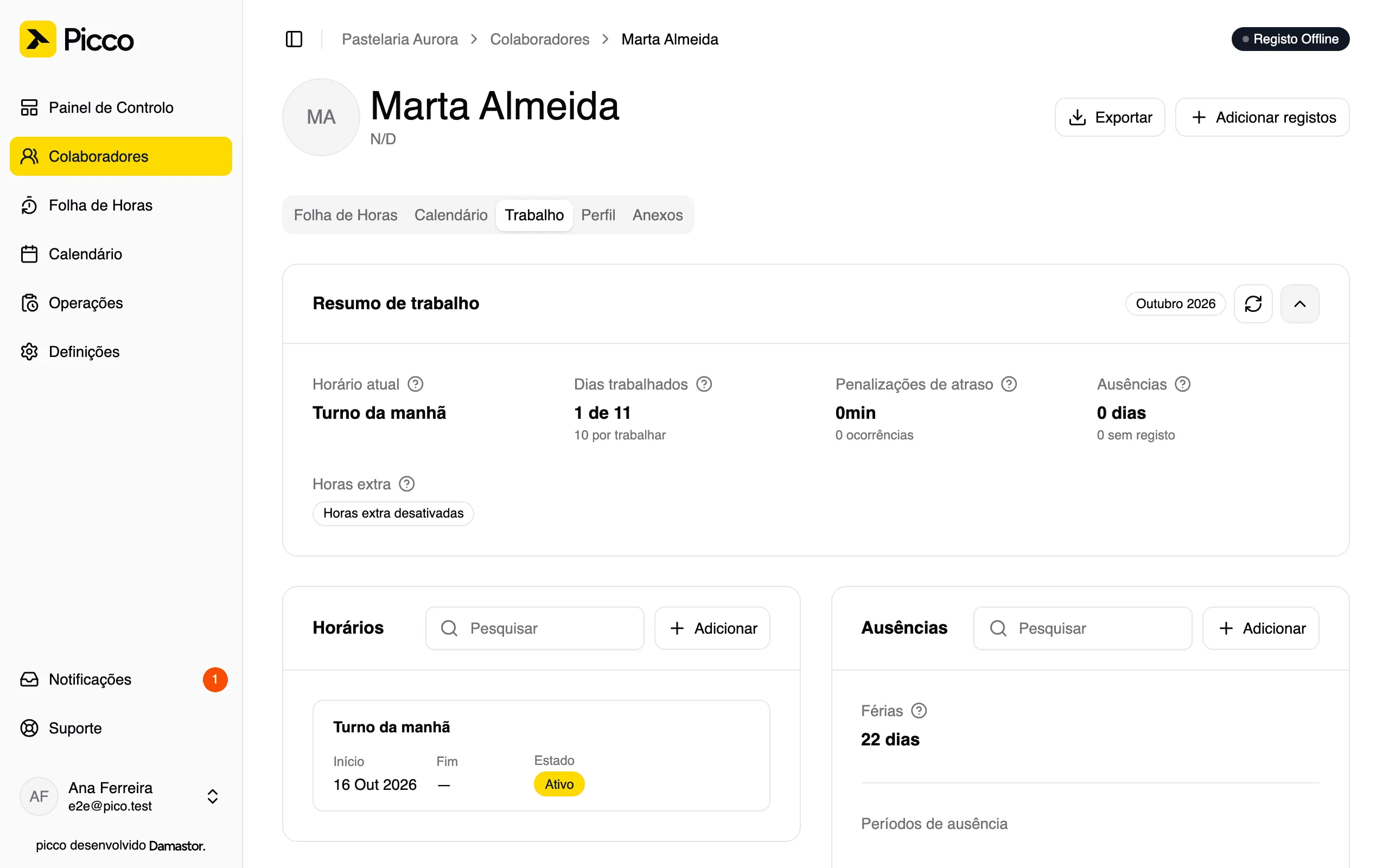 Separador Trabalho do colaborador, com os cartões Horários e Ausências