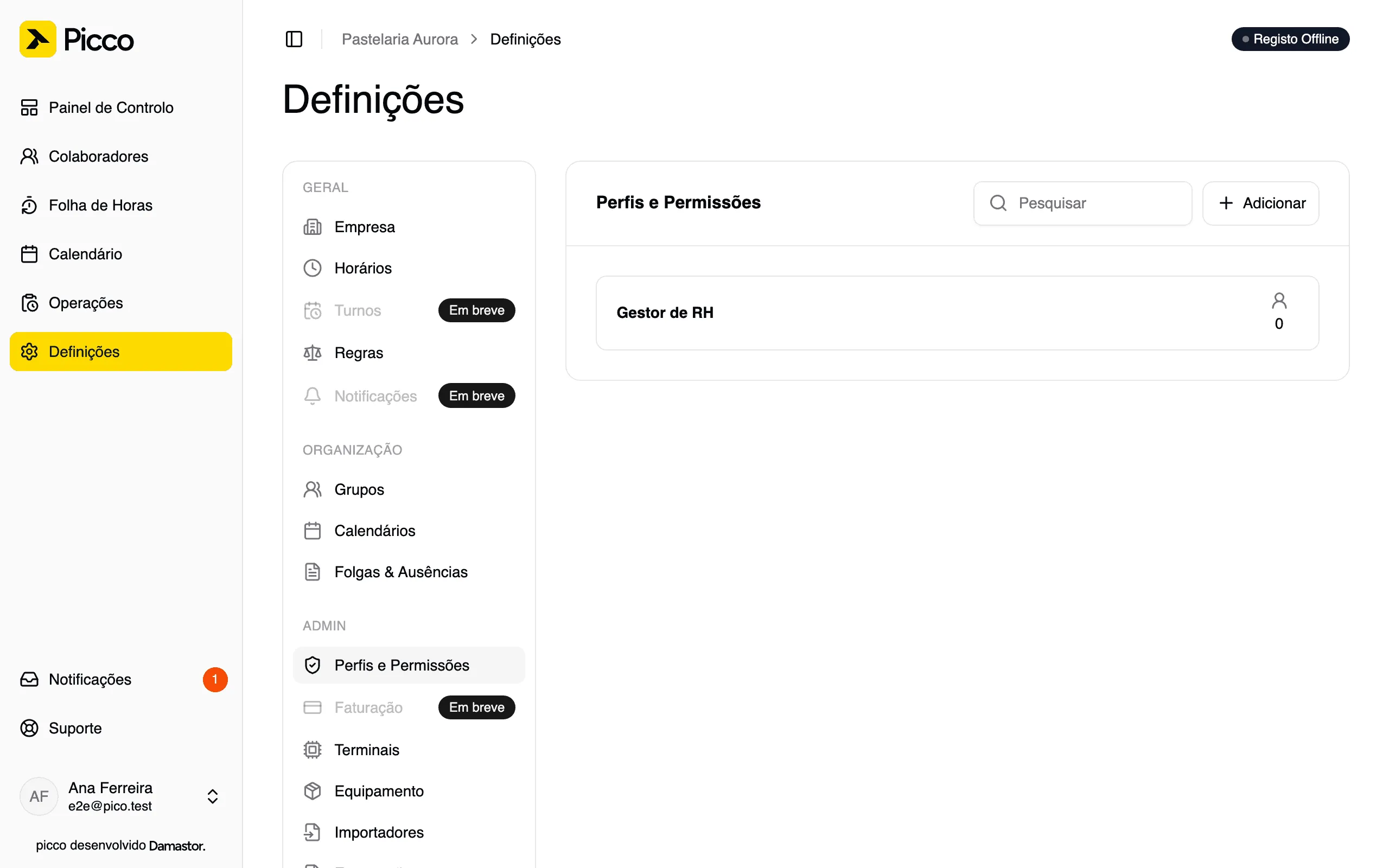 Lista de perfis e permissões
