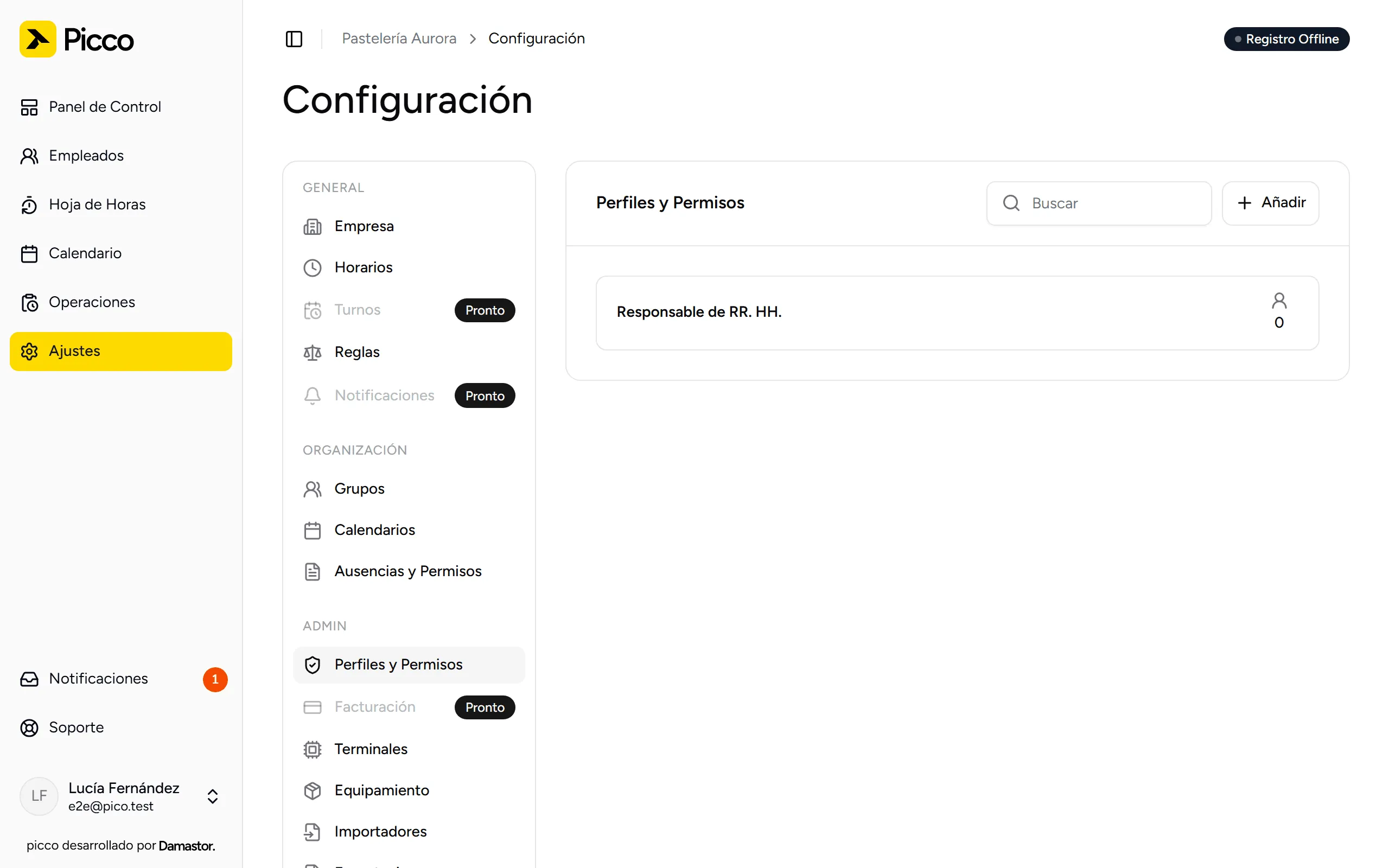 Lista de perfiles y permisos