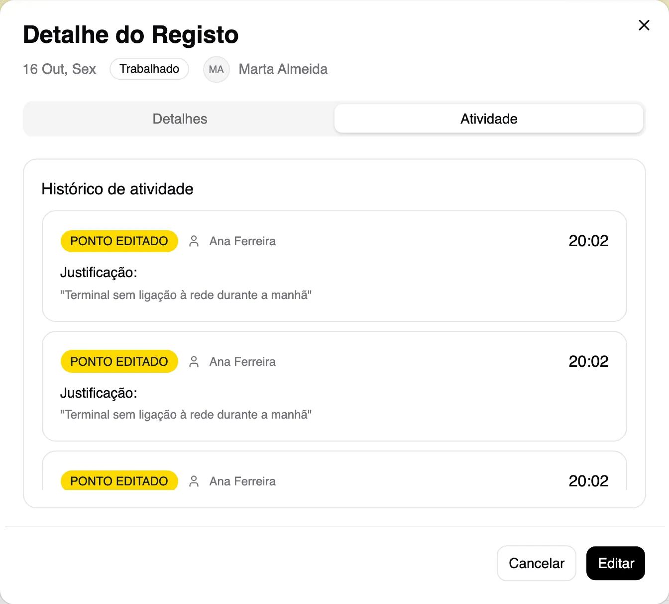 Separador Atividade do detalhe do dia