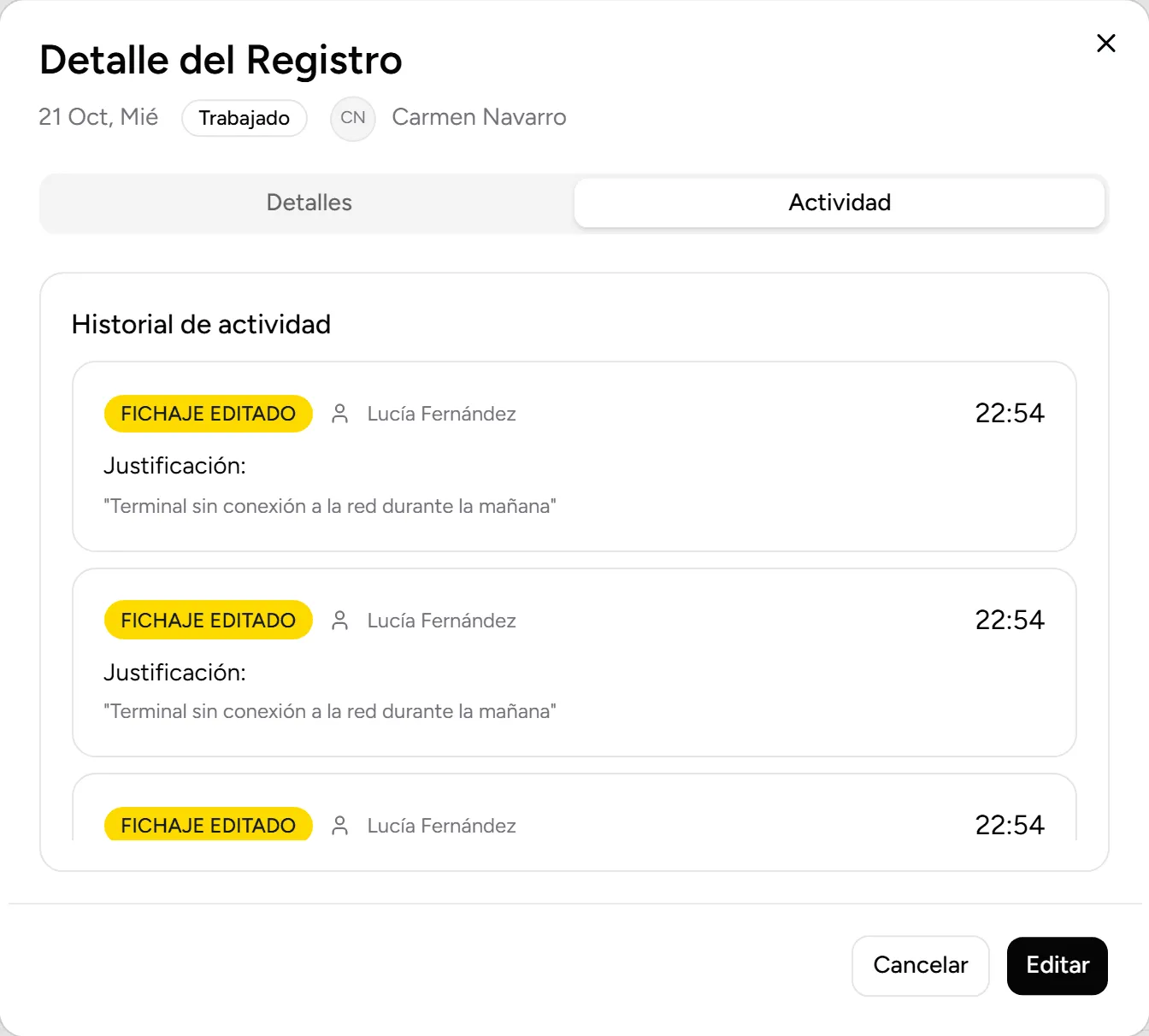 Pestaña Actividad del detalle del día