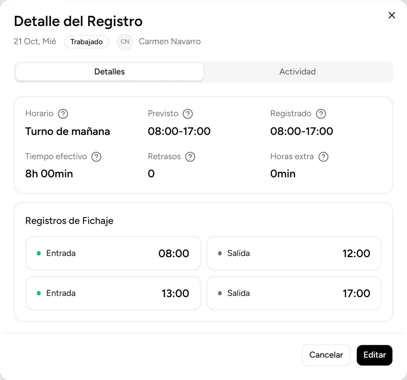 Detalle del registro de un día