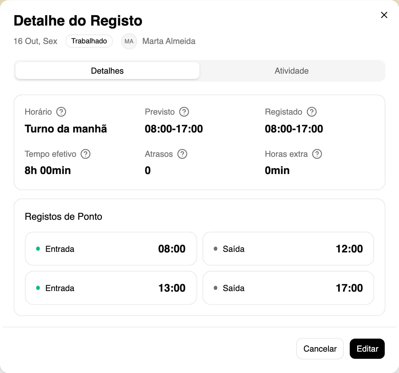 Detalhe do Registo de um dia