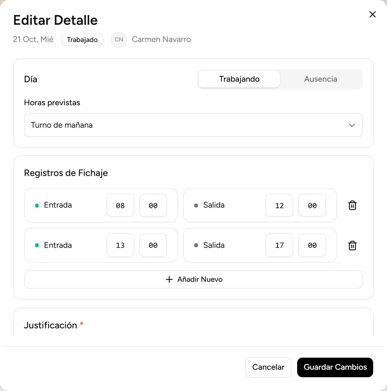 Editar el registro de un día