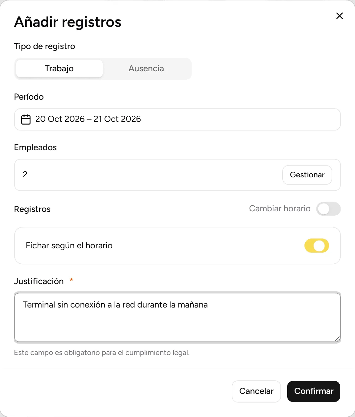 Añadir registros de trabajo a dos empleados, fichando según el horario, con justificación