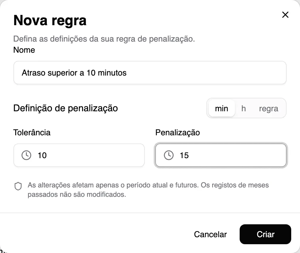 Nova regra de penalização com tolerância e penalização