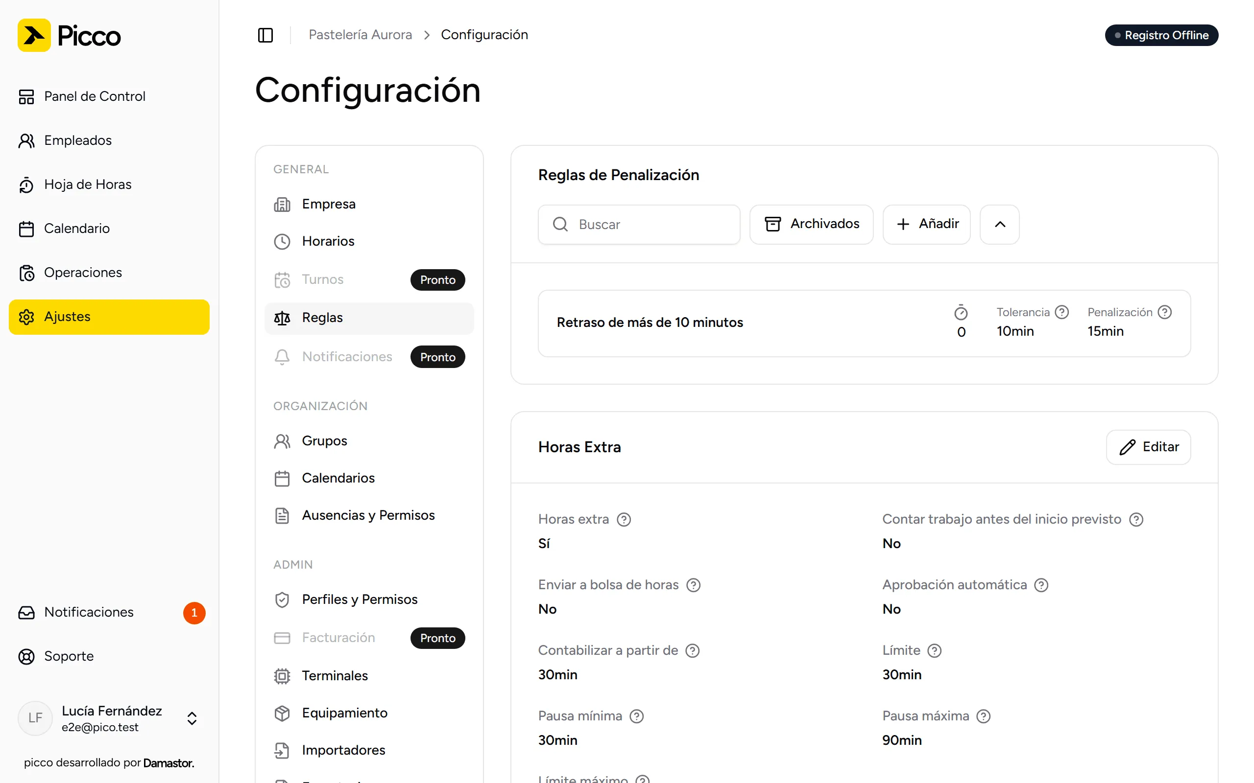 Página Reglas, con la regla de penalización y los ajustes de horas extra