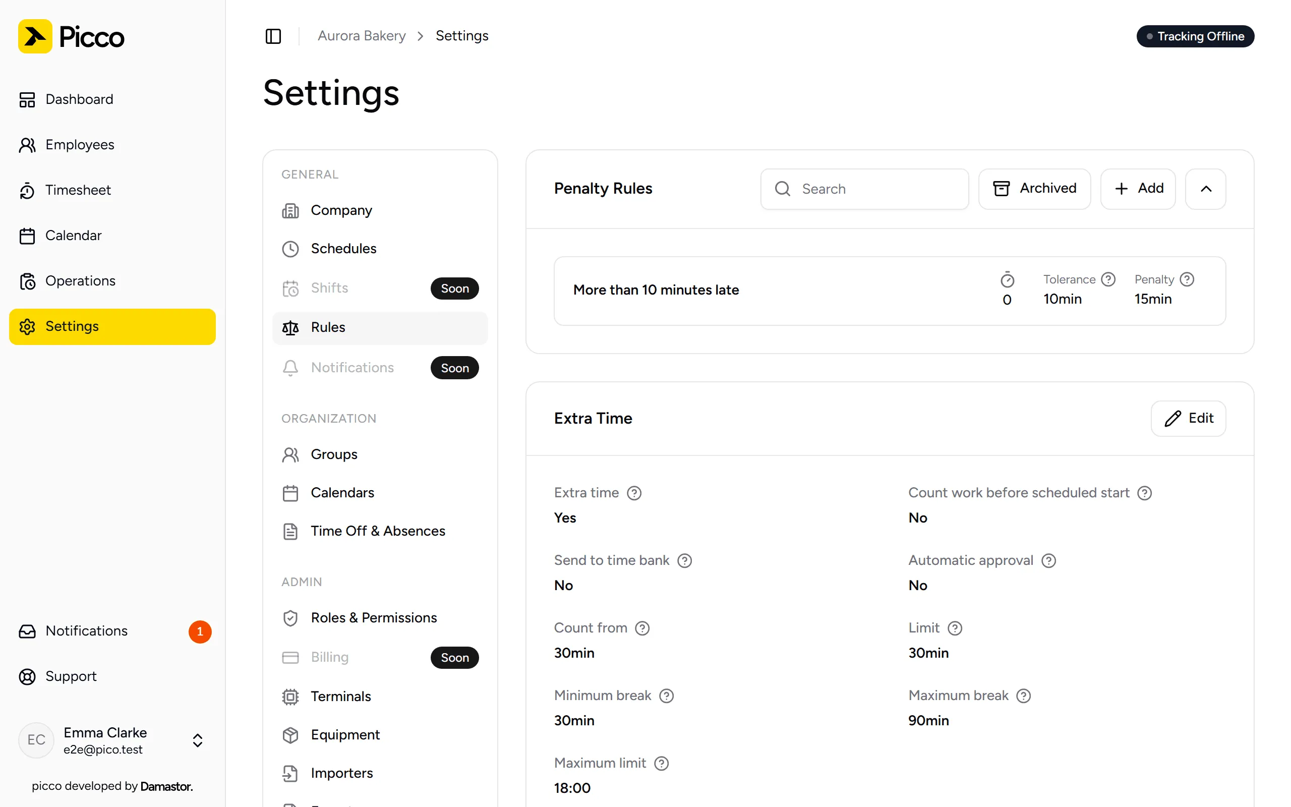 Rules page, with the penalty rule and the overtime settings