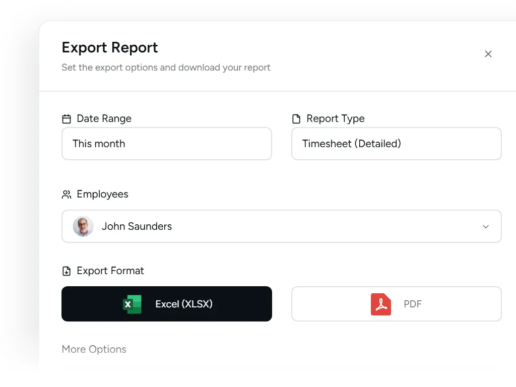 Janela de exportação de relatório de horas em Excel ou PDF