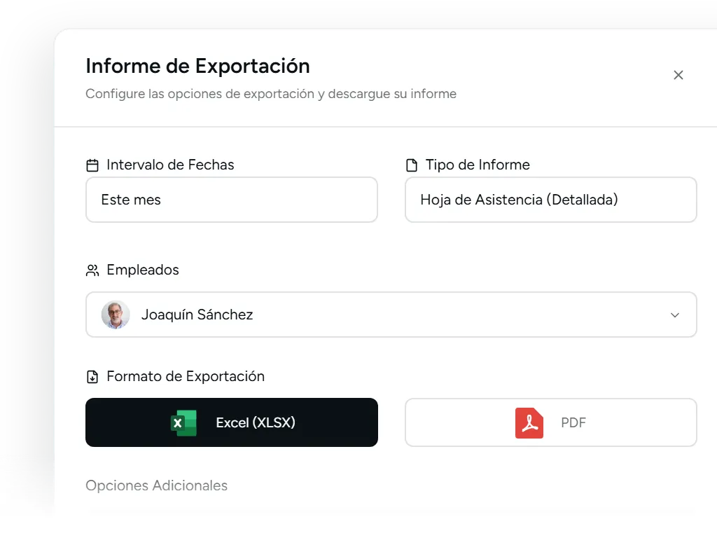 Janela de exportação de relatório de horas em Excel ou PDF
