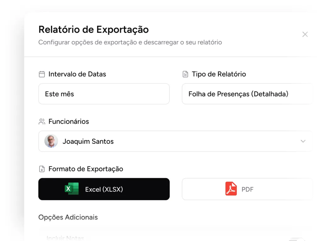 Janela de exportação de relatório de horas em Excel ou PDF