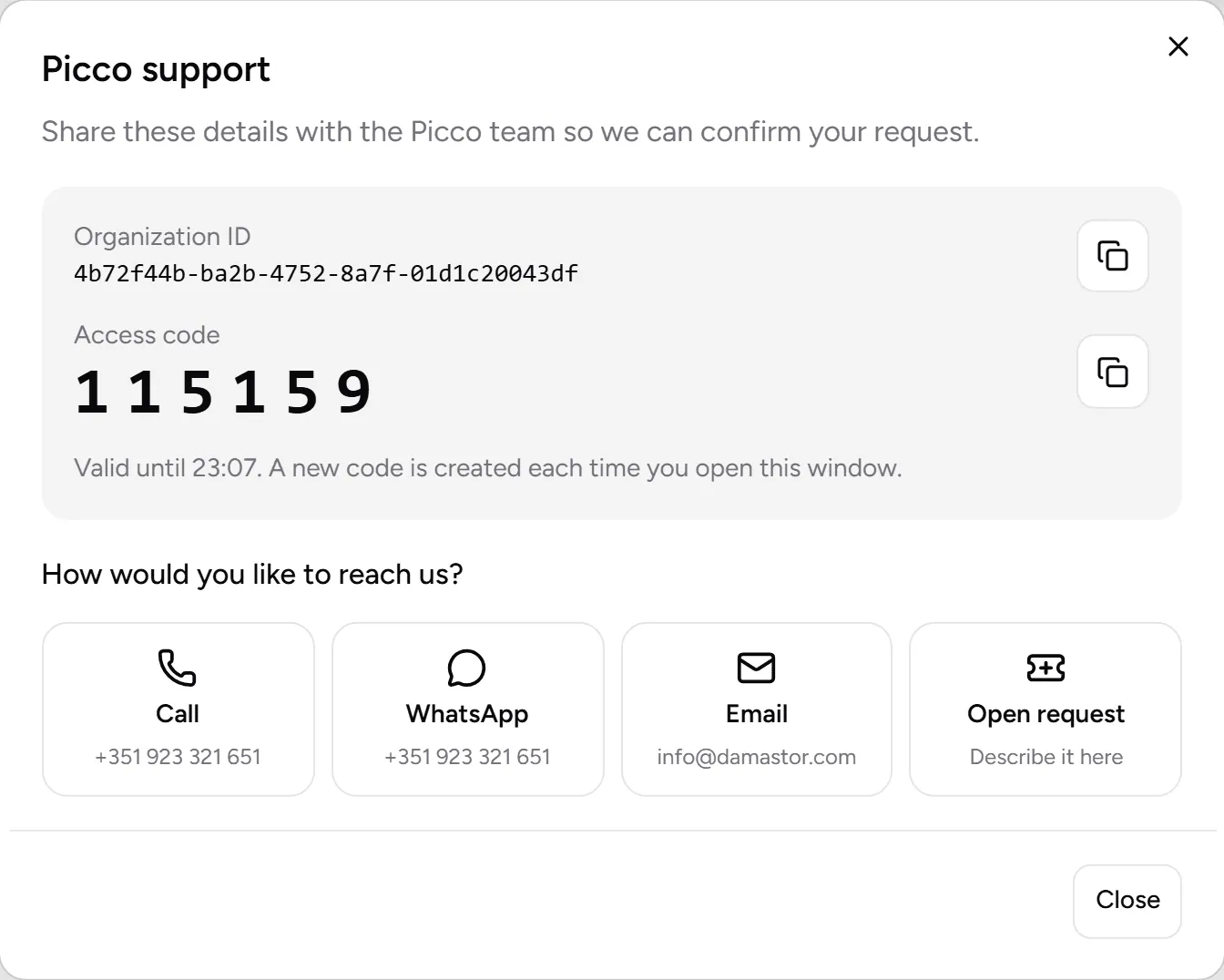 Picco Support window with the organisation ID, the access code and the ways to get in touch