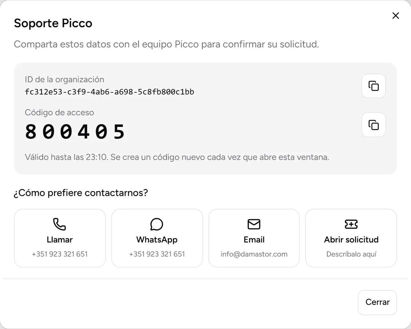 Ventana Soporte Picco con el ID de la organización, el código de acceso y las formas de contacto
