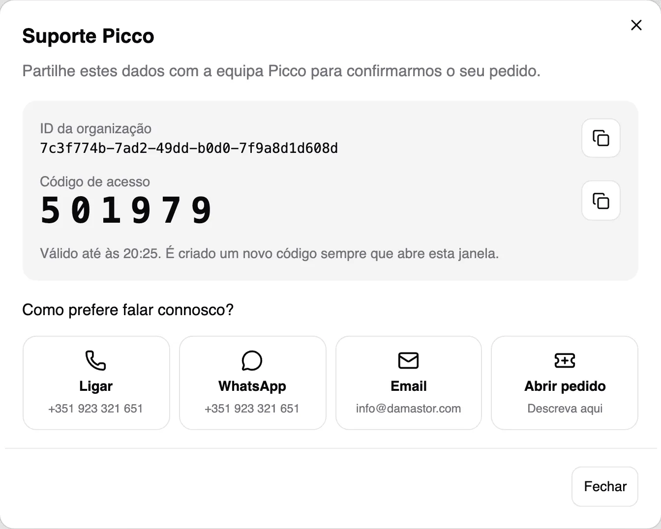 Janela Suporte Picco com o ID da organização, o código de acesso e as formas de contacto