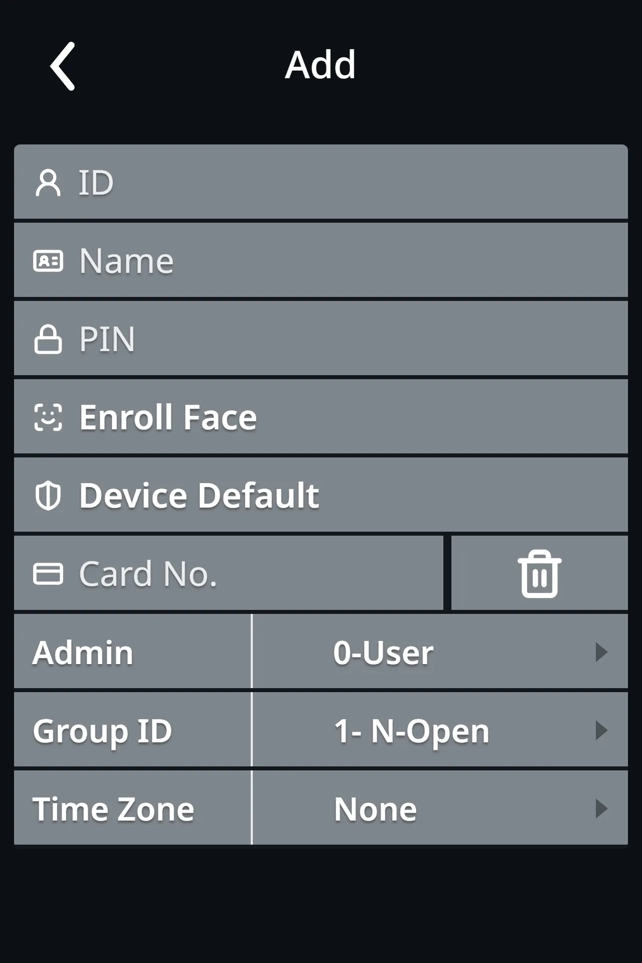 User form with ID, Name, PIN, Enroll Face, Card and other options