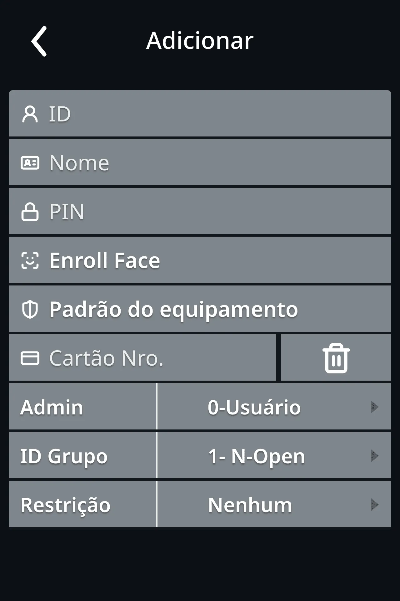 Formulário de utilizador com ID, Nome, PIN, Enroll Face, Cartão e outras opções