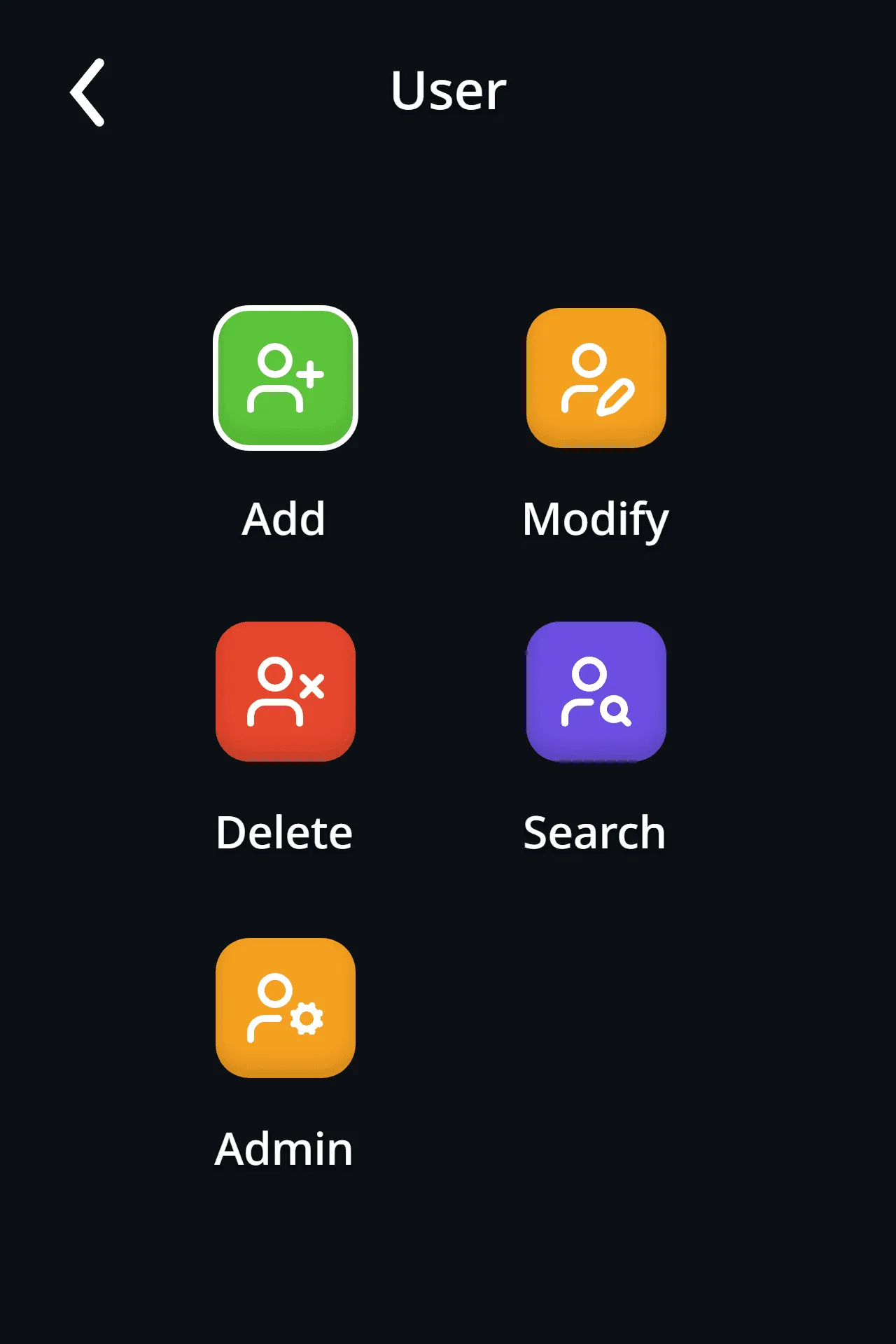 Users menu: Add, Modify, Delete, Search and Admin