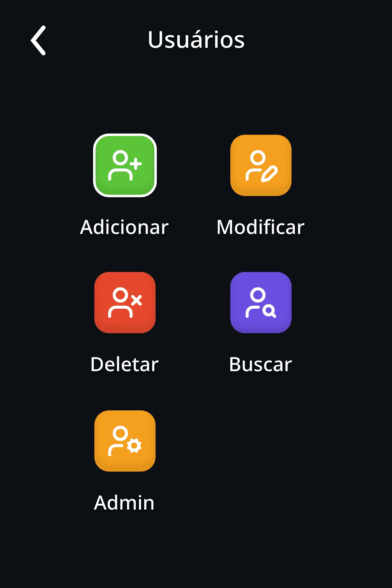 Menu Usuários: Adicionar, Modificar, Deletar, Buscar e Admin
